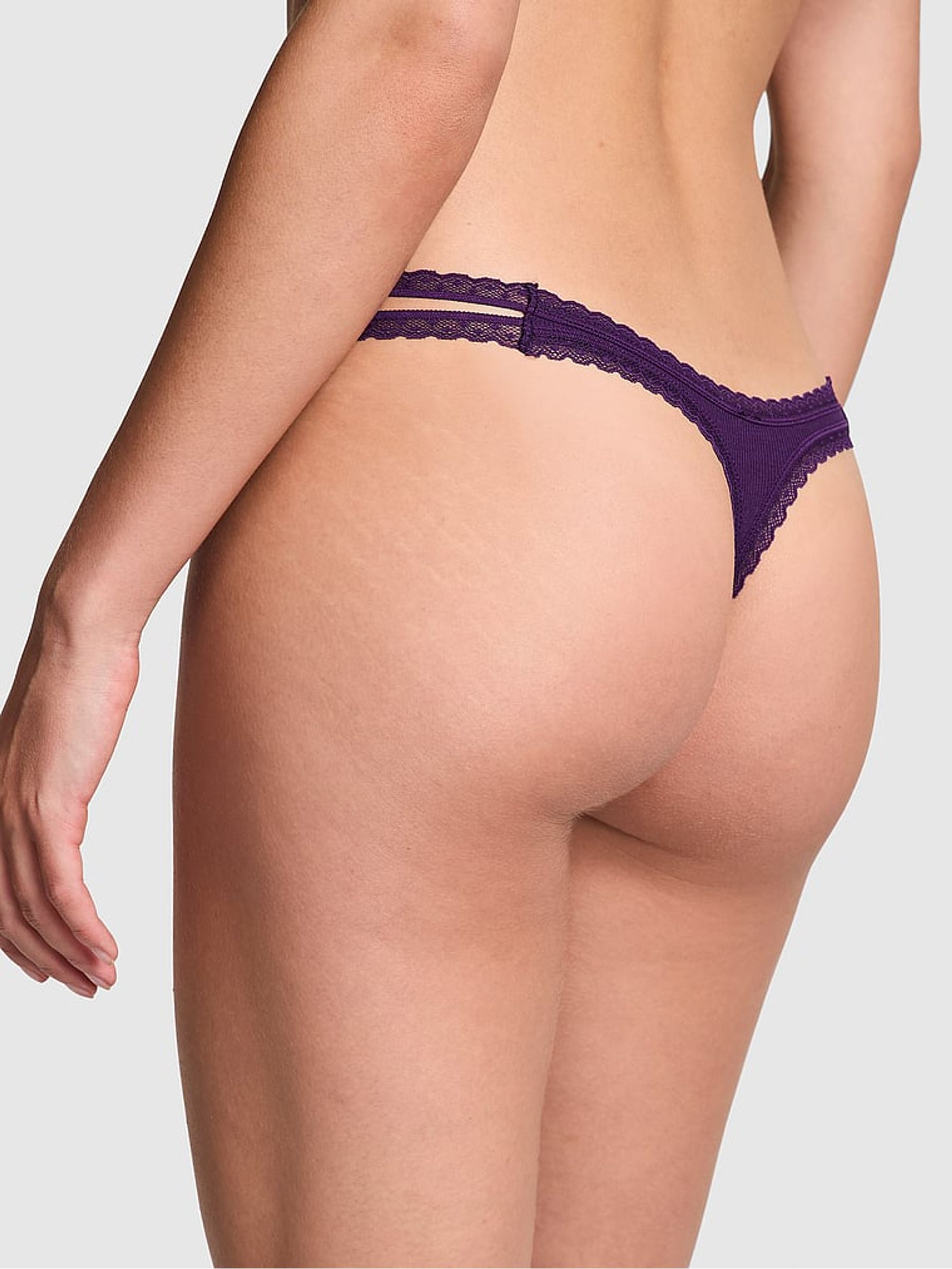 Plum Purple Rib Strappy Lace Trim Thong Knickers - Image 2 of 2