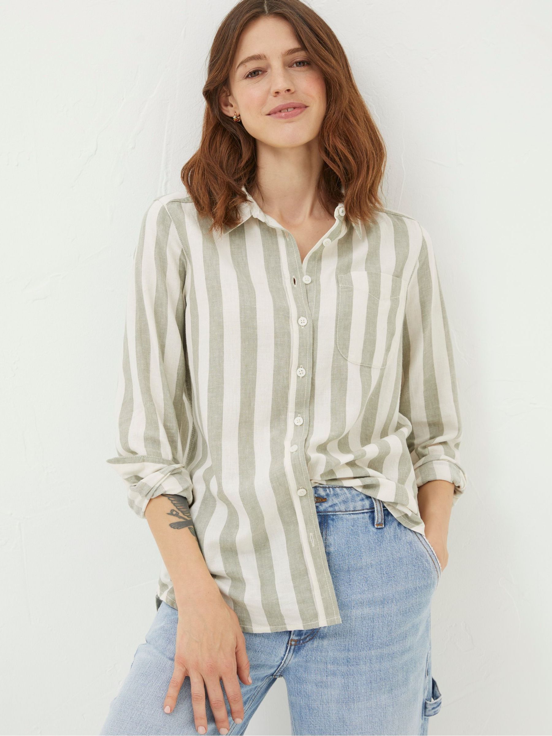Olivia Green Stripe Linen Blend Shirt - Image 1 of 4 Olivia Green Stripe Linen Blend Shirt - Image 1 of 4