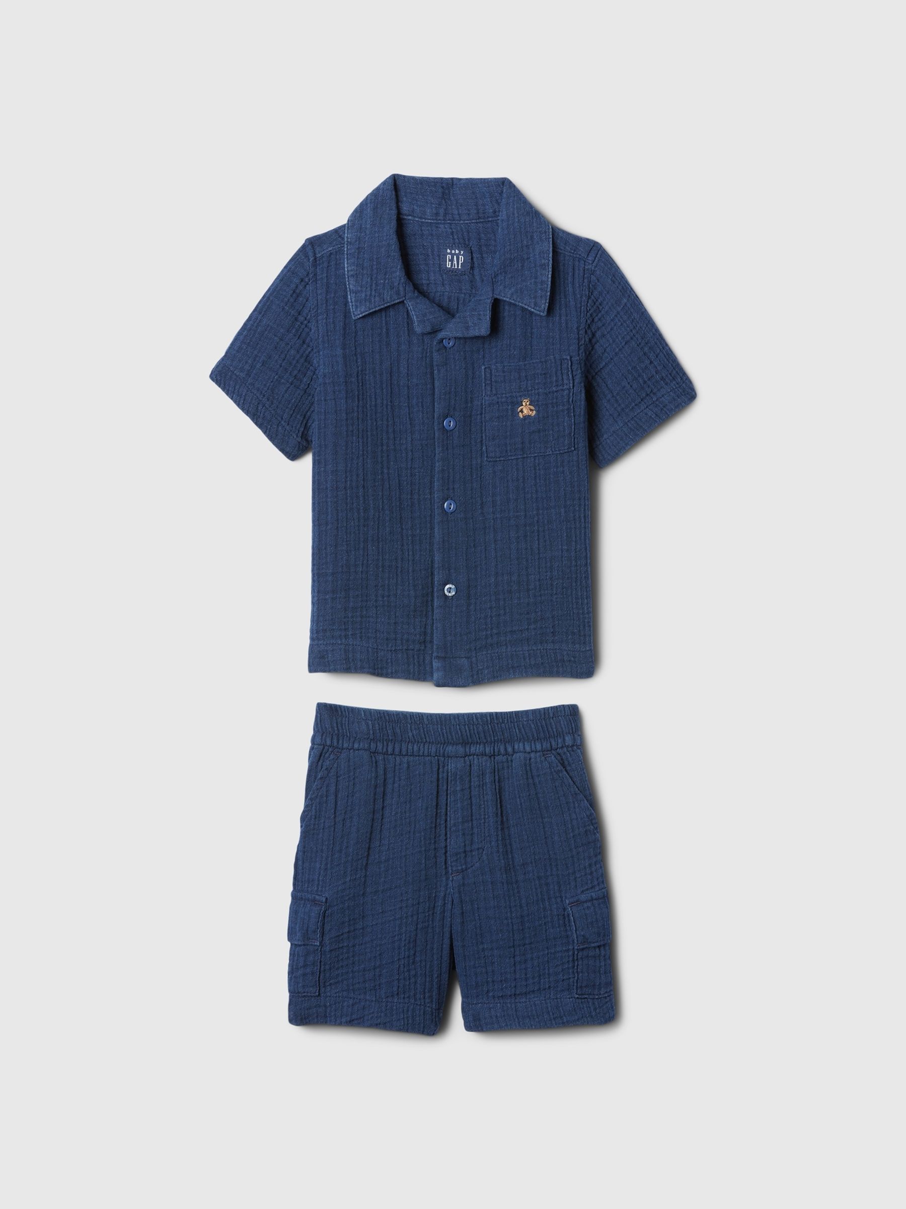 Blue Crinkle Cotton Brannan Bear Shirt and Shorts Set (6mths-5yrs) - Image 1 of 4