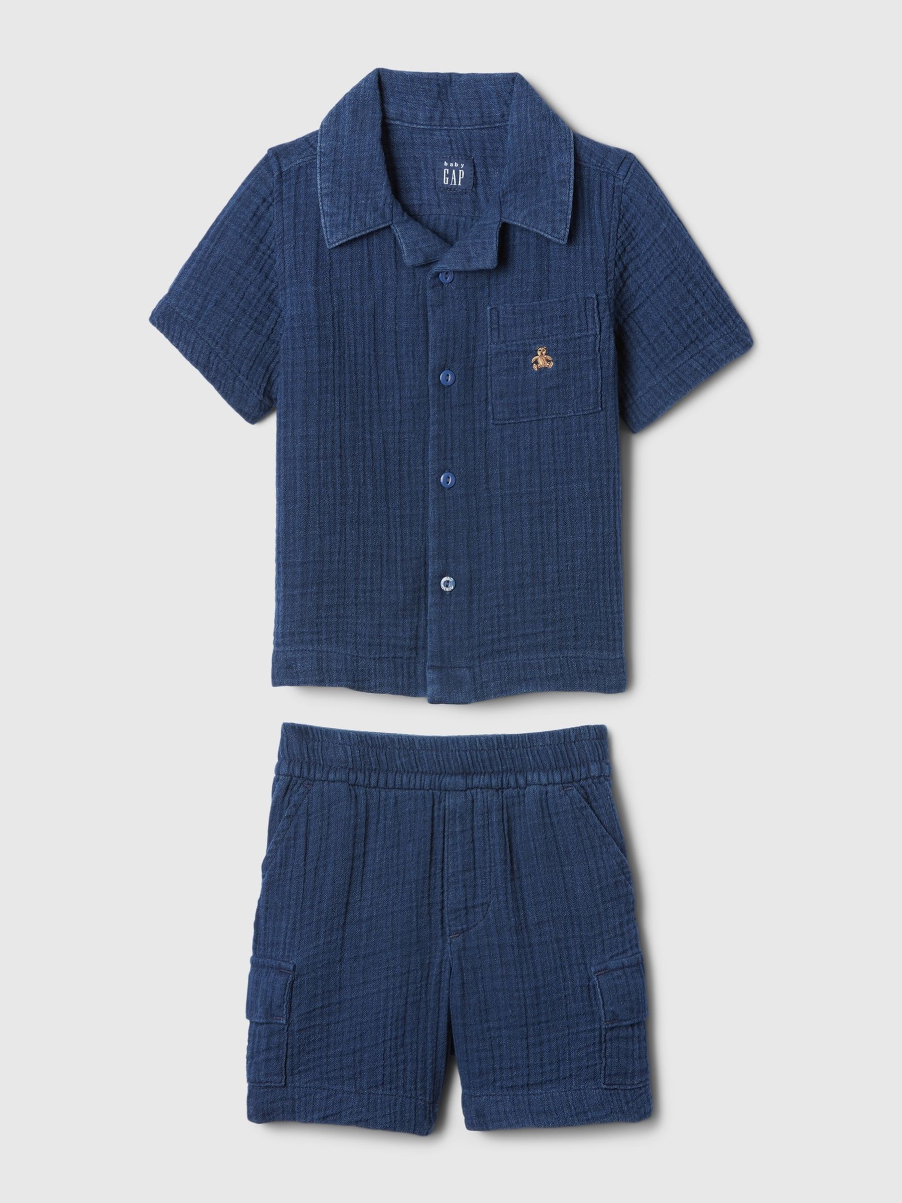 Blue Crinkle Cotton Brannan Bear Shirt and Shorts Set (6mths-5yrs) - Image 6 of 6
