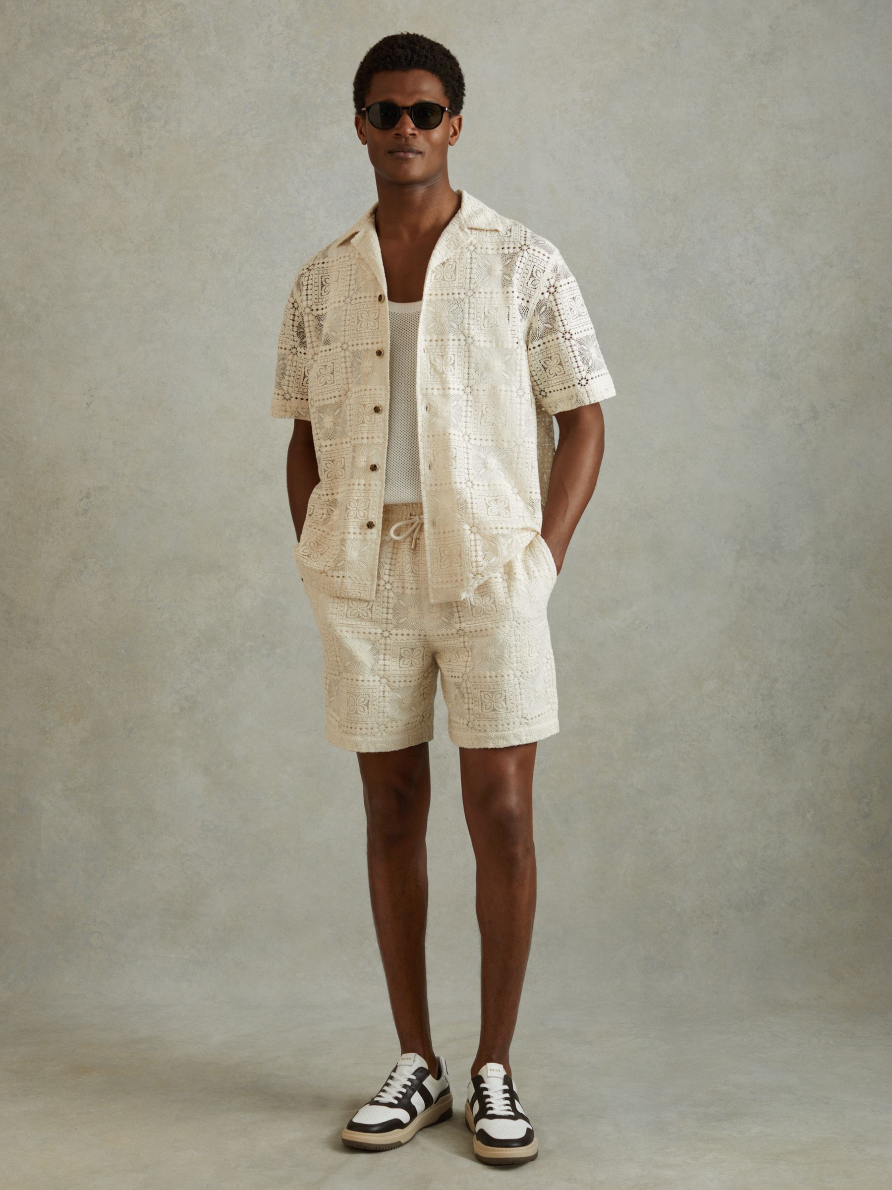 Reiss Crochet Cuban-Collar Shirt in Ecru | REISS