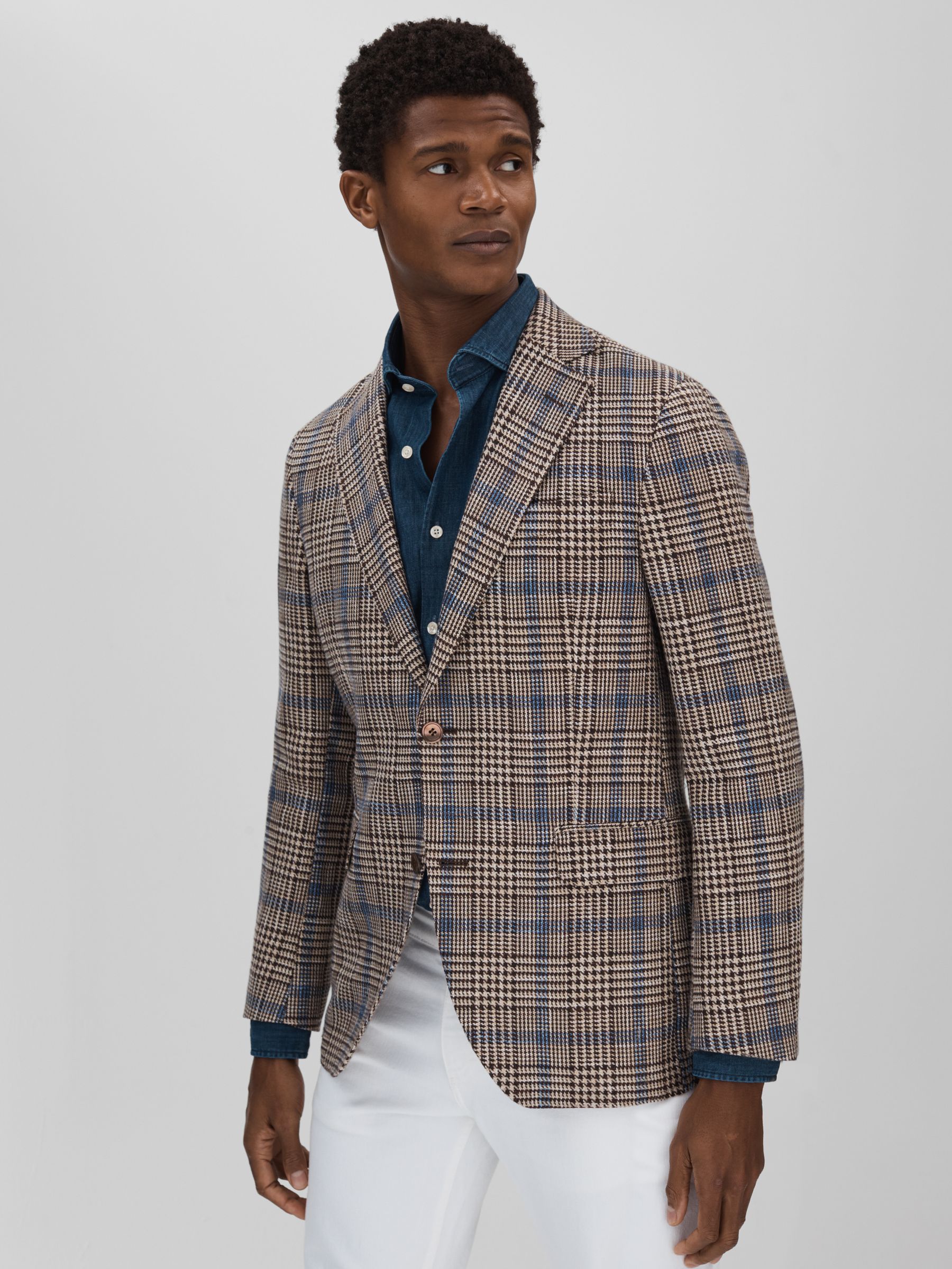 Oscar Jacobson Cotton Linen Single Breasted Check Blazer in Beige - Image 1 of 6