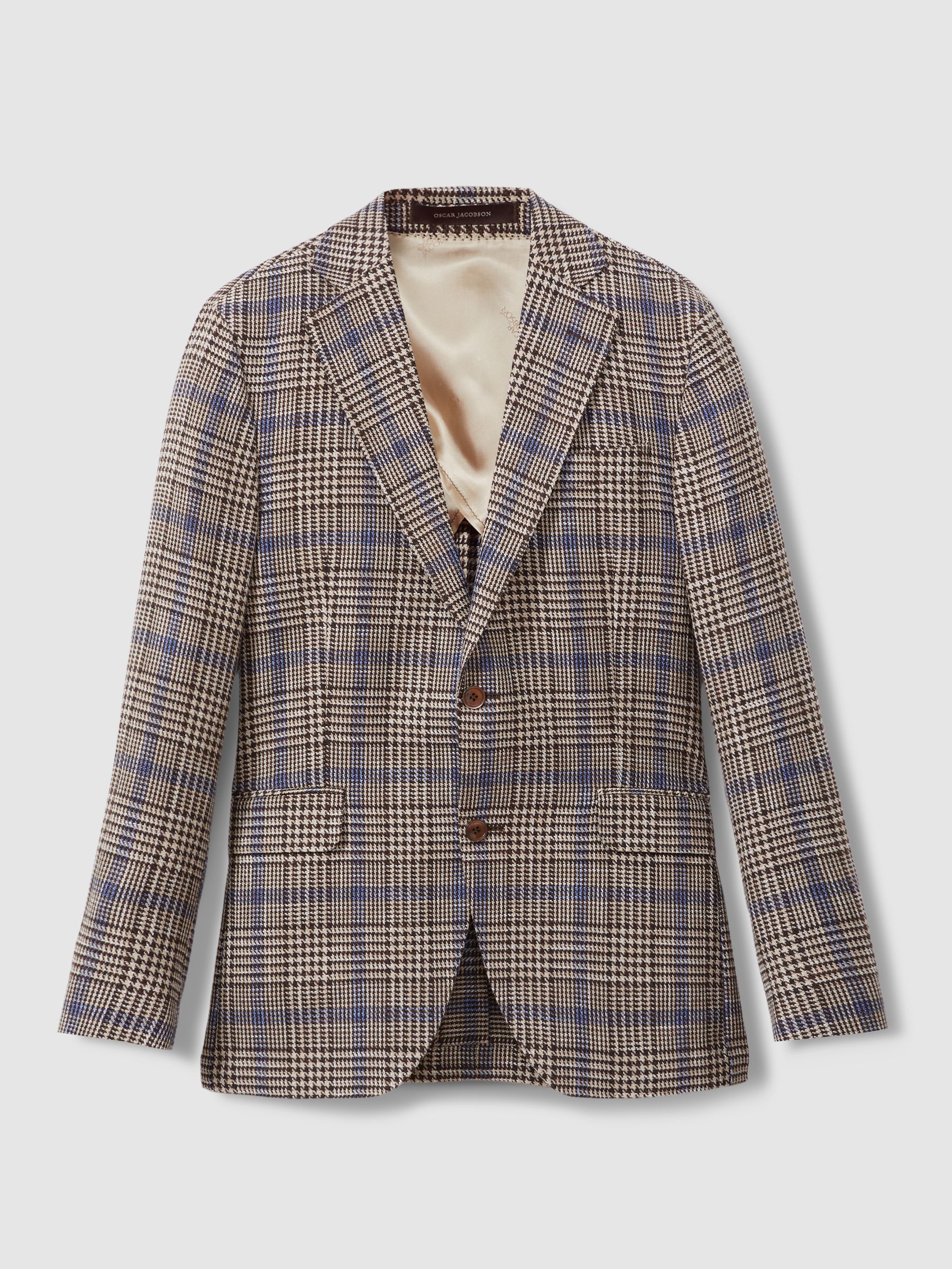 Oscar Jacobson Cotton Linen Single Breasted Check Blazer in Beige - Image 2 of 6