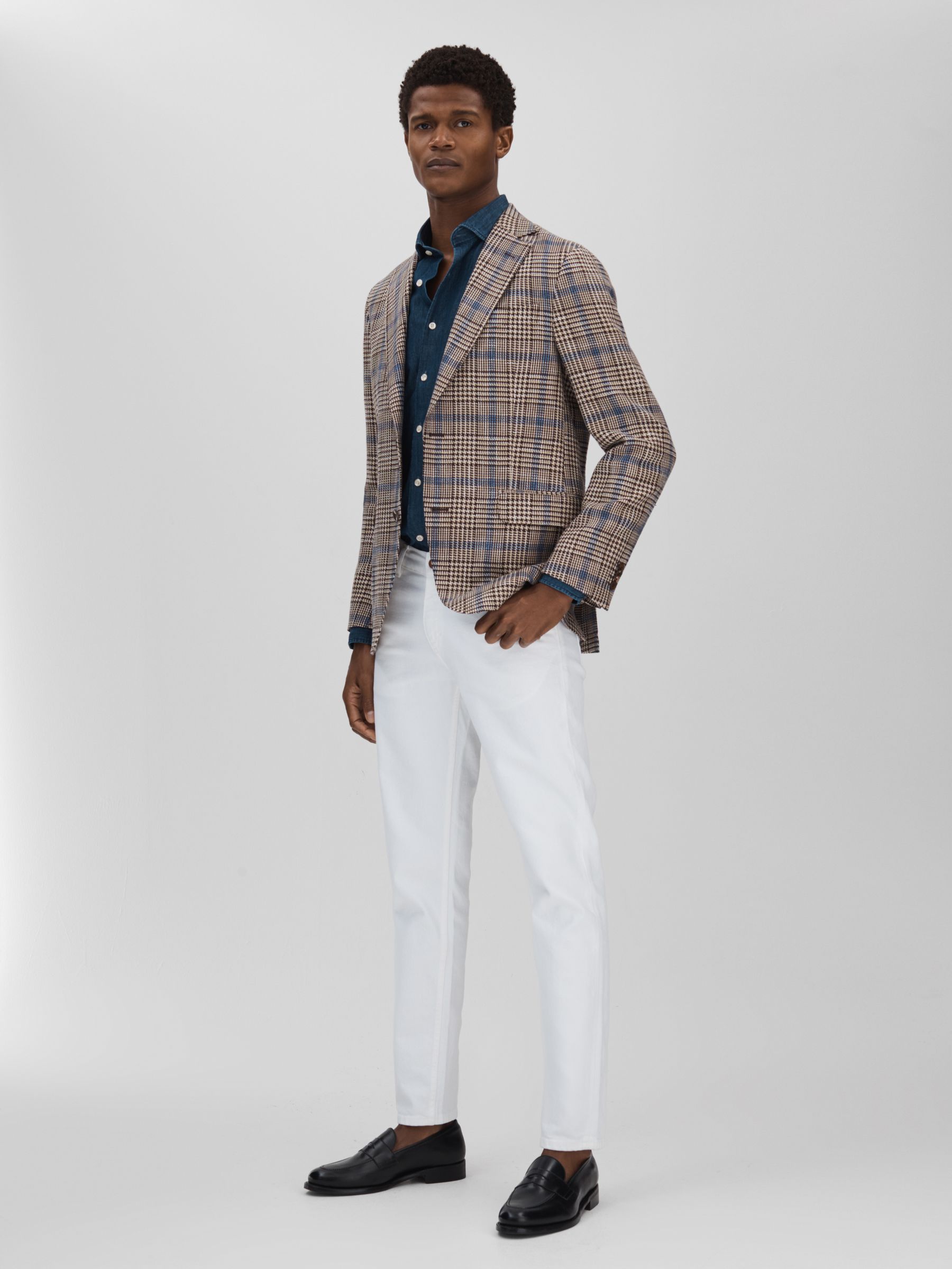 Oscar Jacobson Cotton Linen Single Breasted Check Blazer in Beige - Image 3 of 6