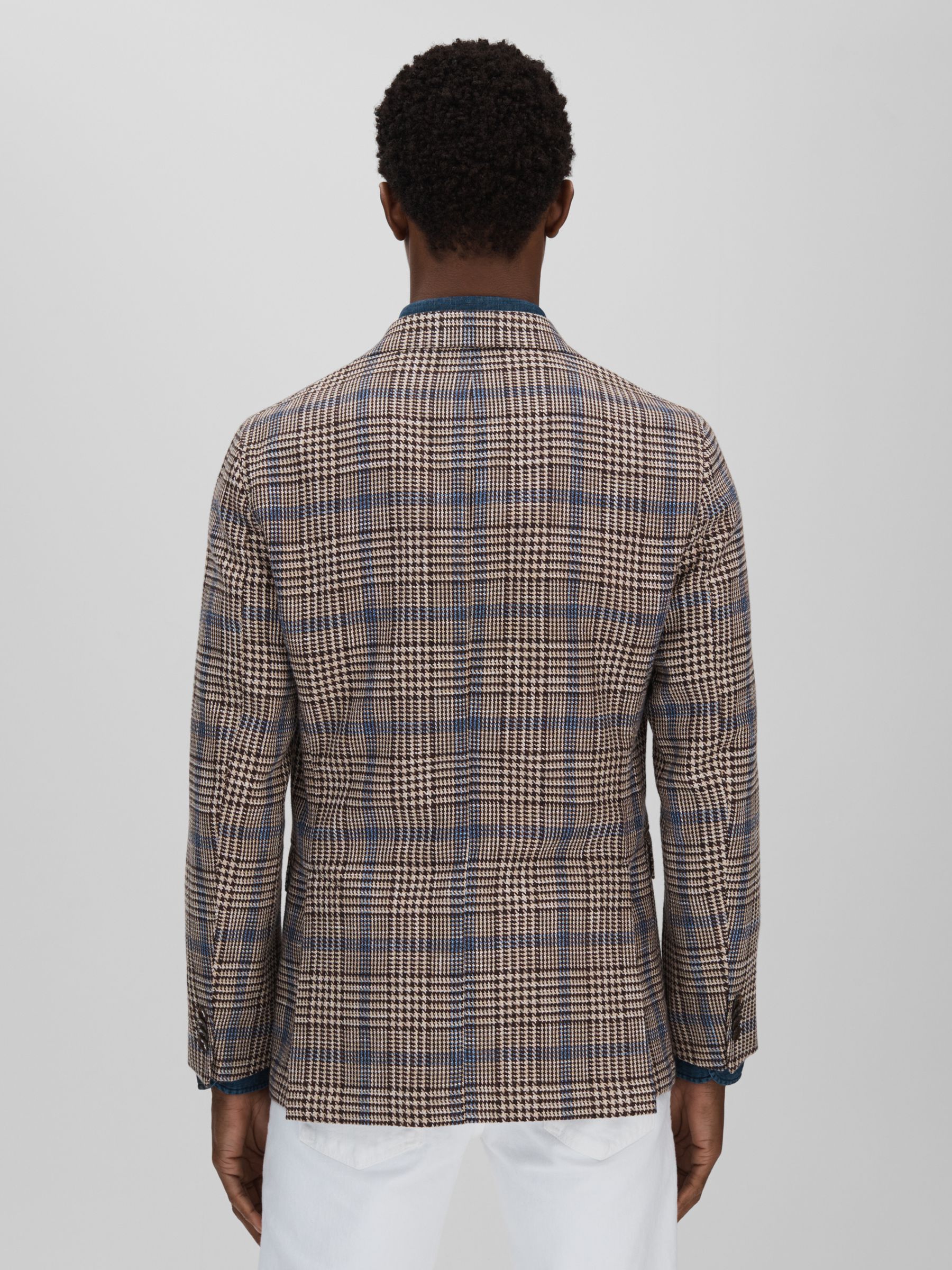 Oscar Jacobson Cotton Linen Single Breasted Check Blazer in Beige - Image 4 of 6