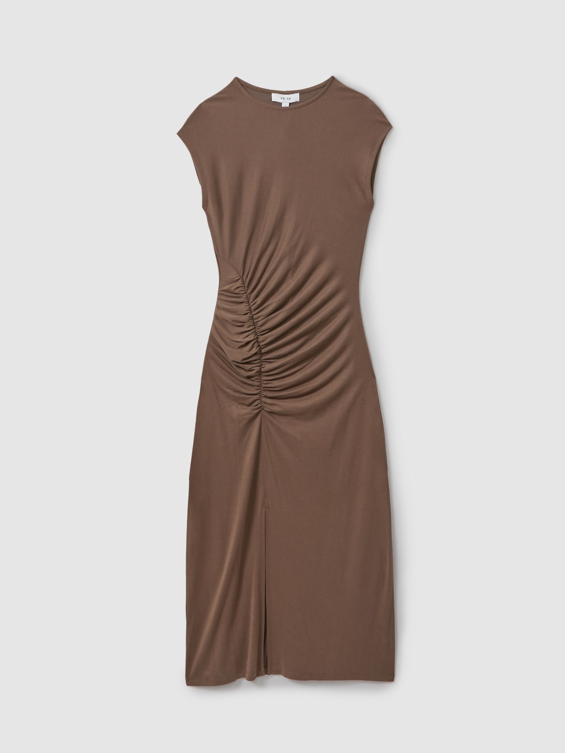 Ruche Front Capped Sleeve Jersey Midi Dress in Chocolate - Image 2 of 6