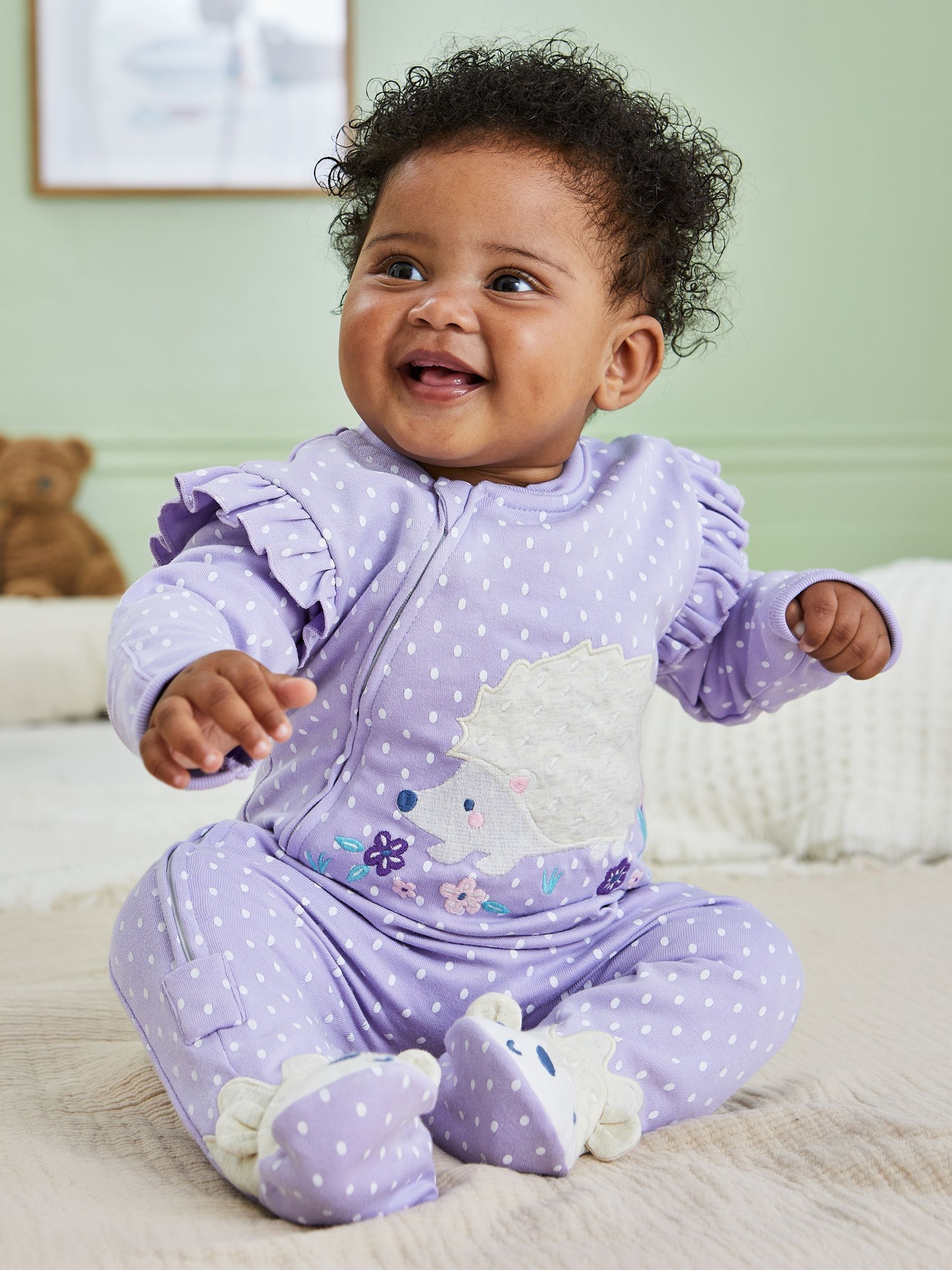 Lilac Hedgehog Appliqué Zip Sleepsuit JoJo Maman Bébé