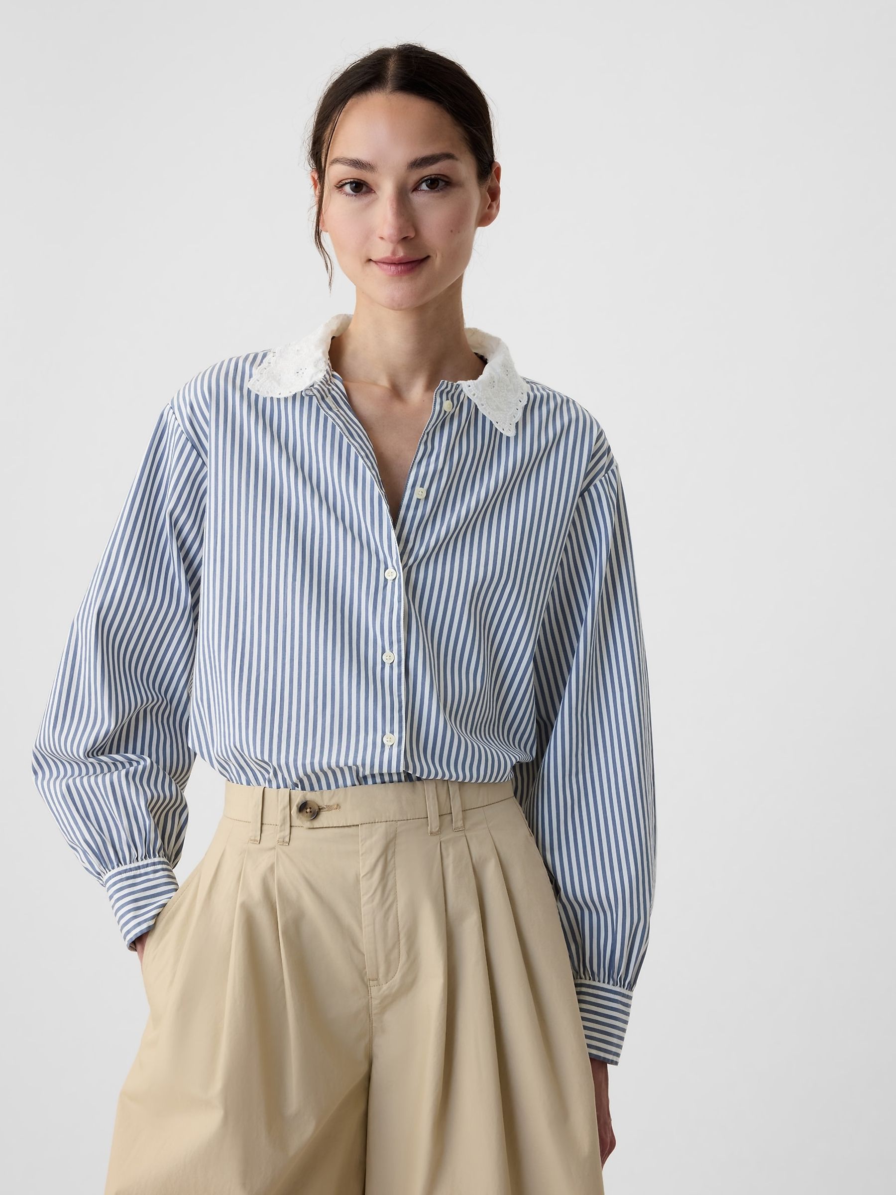 Navy Blue DÔEN Organic Cotton Striped Big Shirt - Image 1 of 5