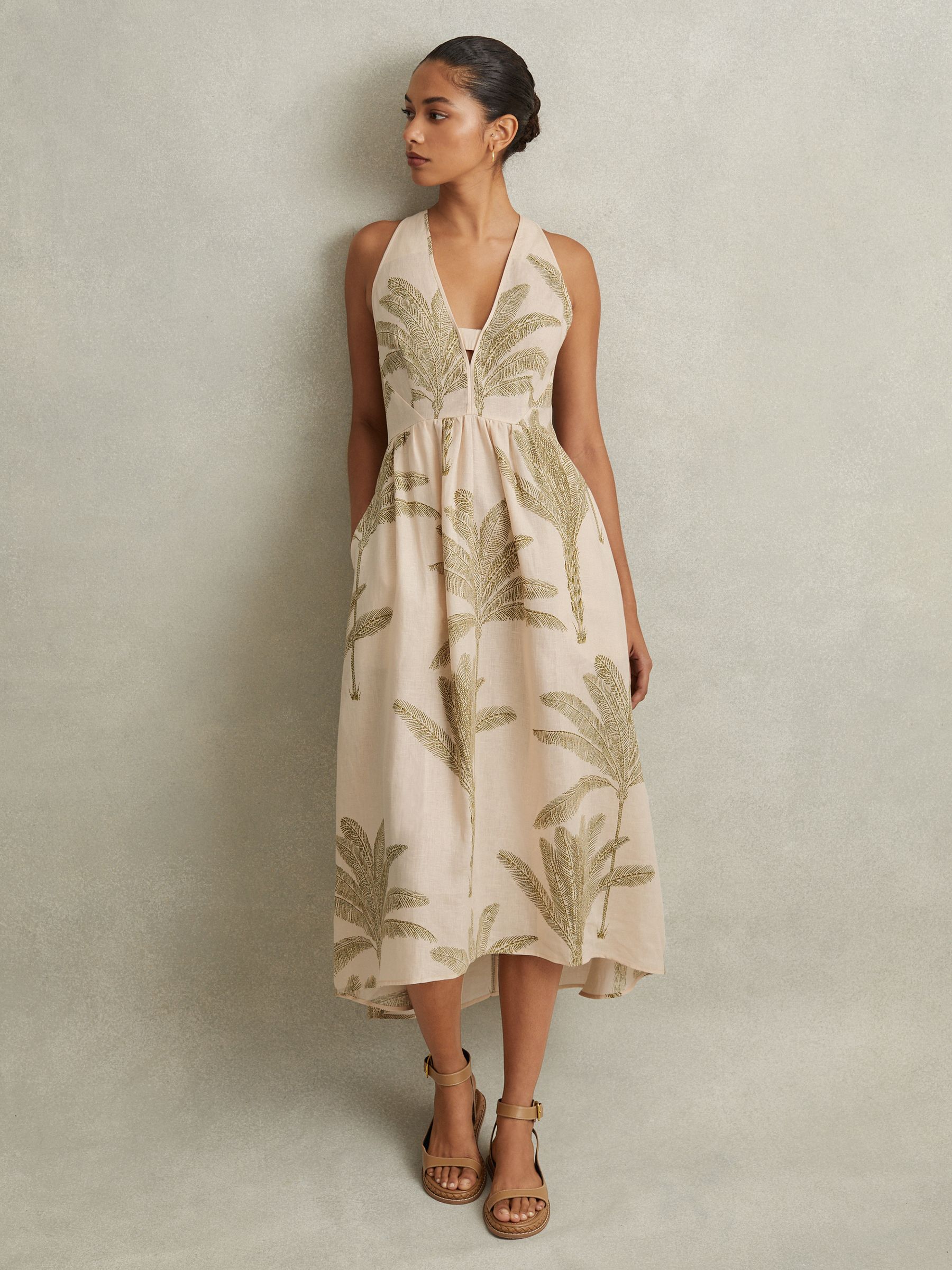 Reiss Petite 100% Linen Tropical Print Midi Dress in Neutral/Green