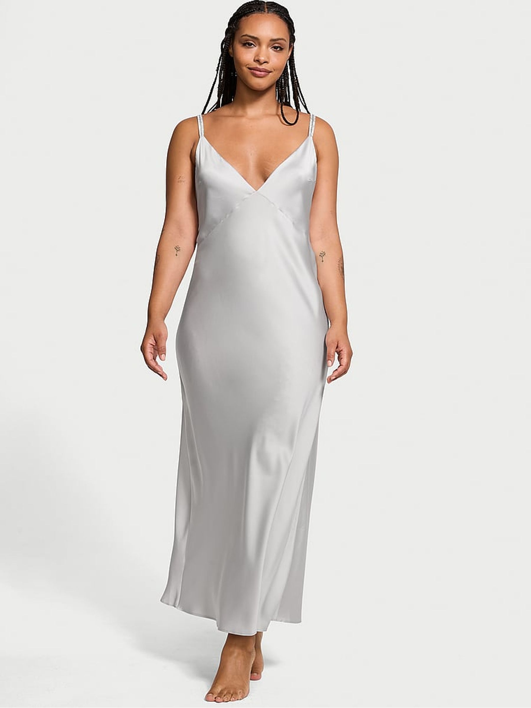 Silver Pearl Grey Twinkle Strap Satin Slip Dress - Image 1 of 3