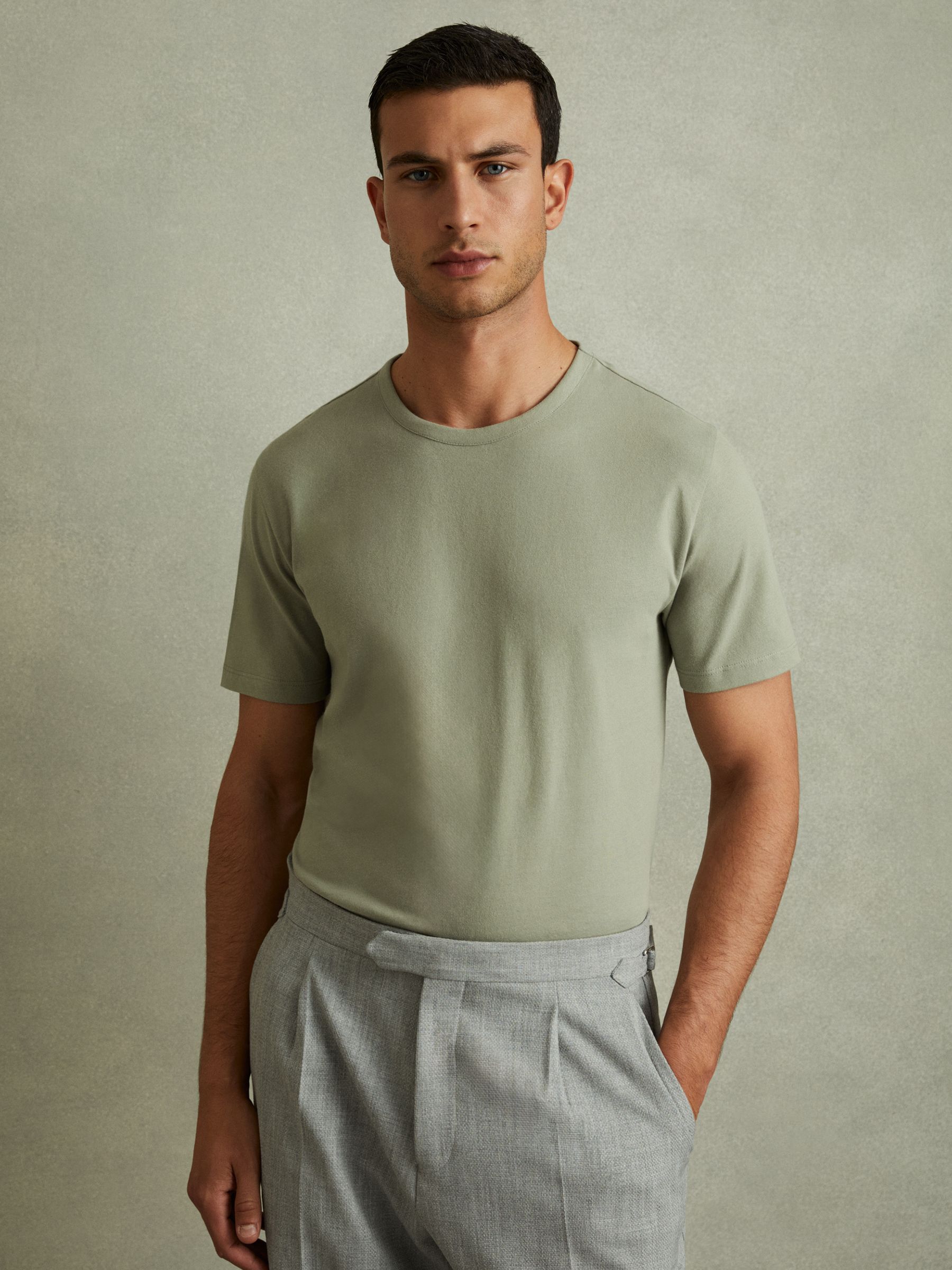 Cotton Crew Neck T-Shirt in Sage - Image 1 of 5