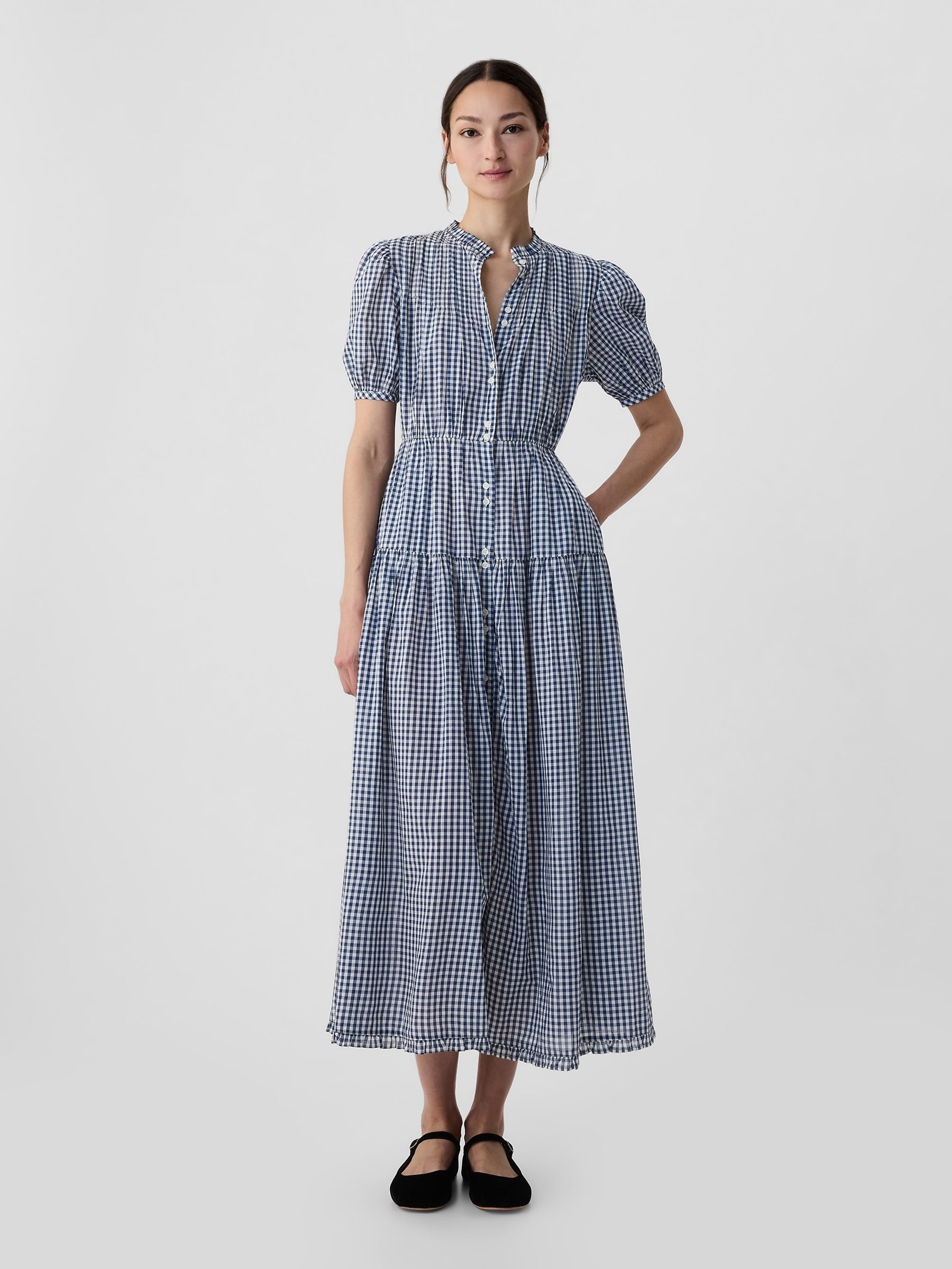 Navy Blue DÔEN Gingham Puff Sleeve Midi Dress - Image 1 of 5
