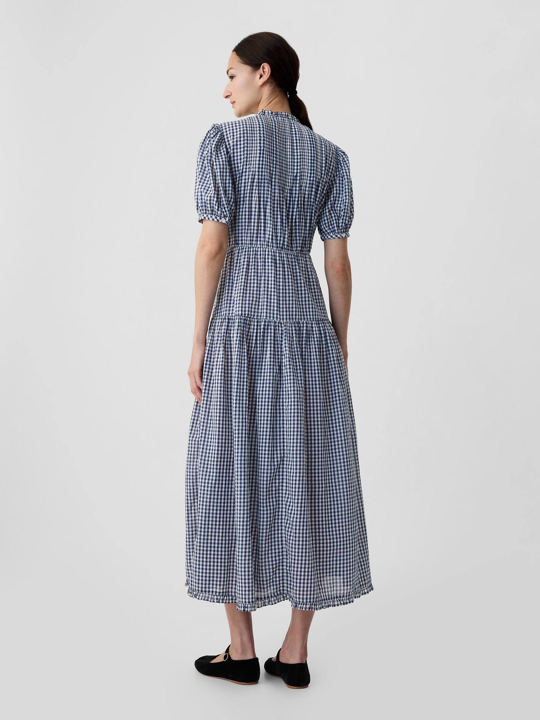 Navy Blue DÔEN Gingham Puff Sleeve Midi Dress - Image 2 of 5