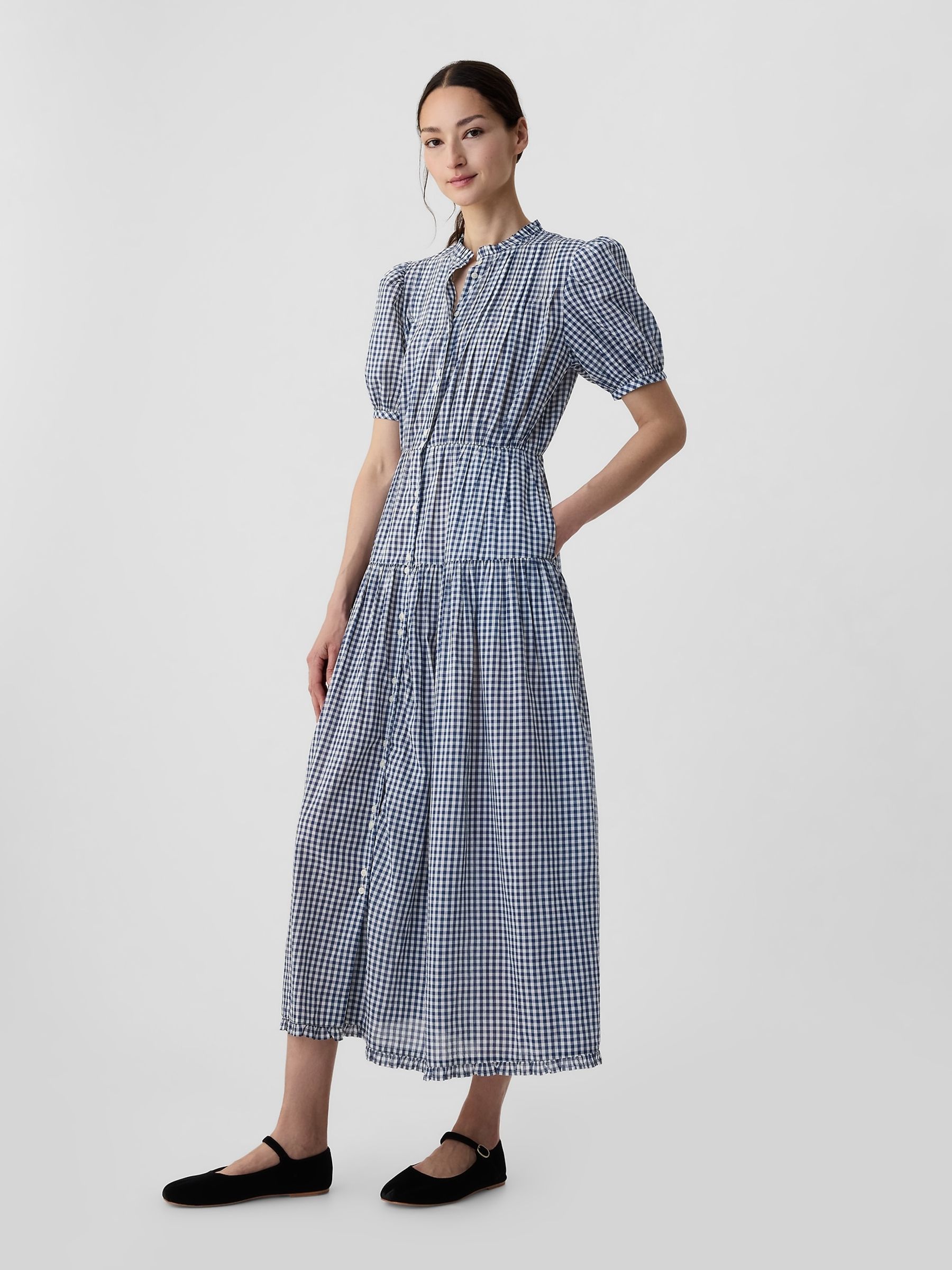 Navy Blue DÔEN Gingham Puff Sleeve Midi Dress - Image 3 of 5