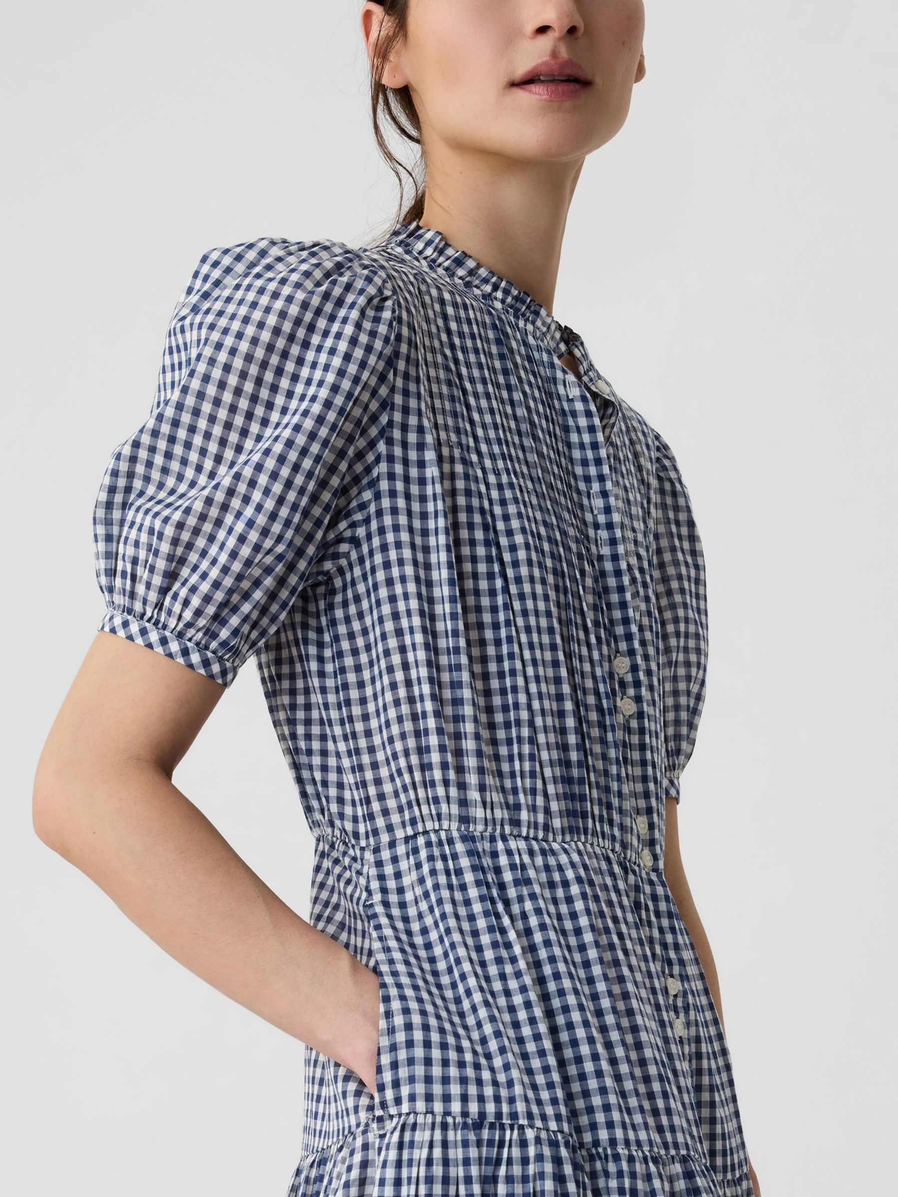 Navy Blue DÔEN Gingham Puff Sleeve Midi Dress - Image 4 of 5