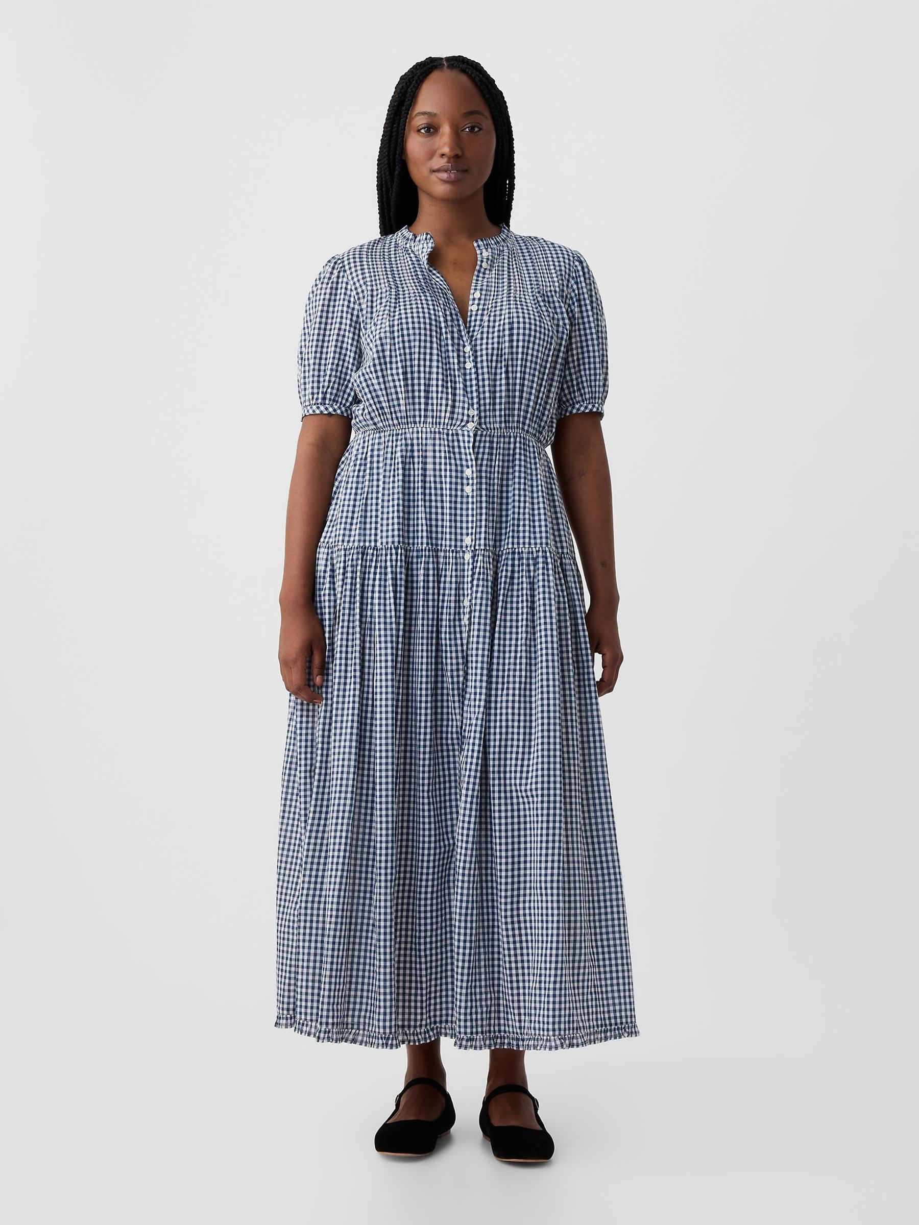 Navy Blue DÔEN Gingham Puff Sleeve Midi Dress - Image 5 of 5
