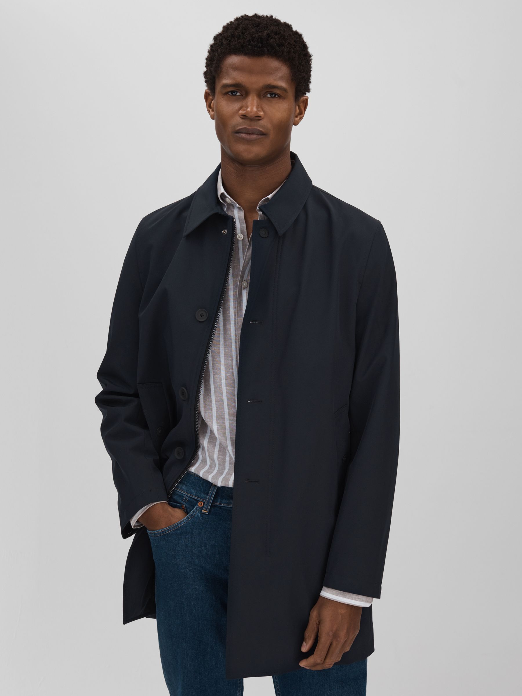 Oscar Jacobson Water-Repellent Single Breasted Car Coat in Navy - Image 1 of 6