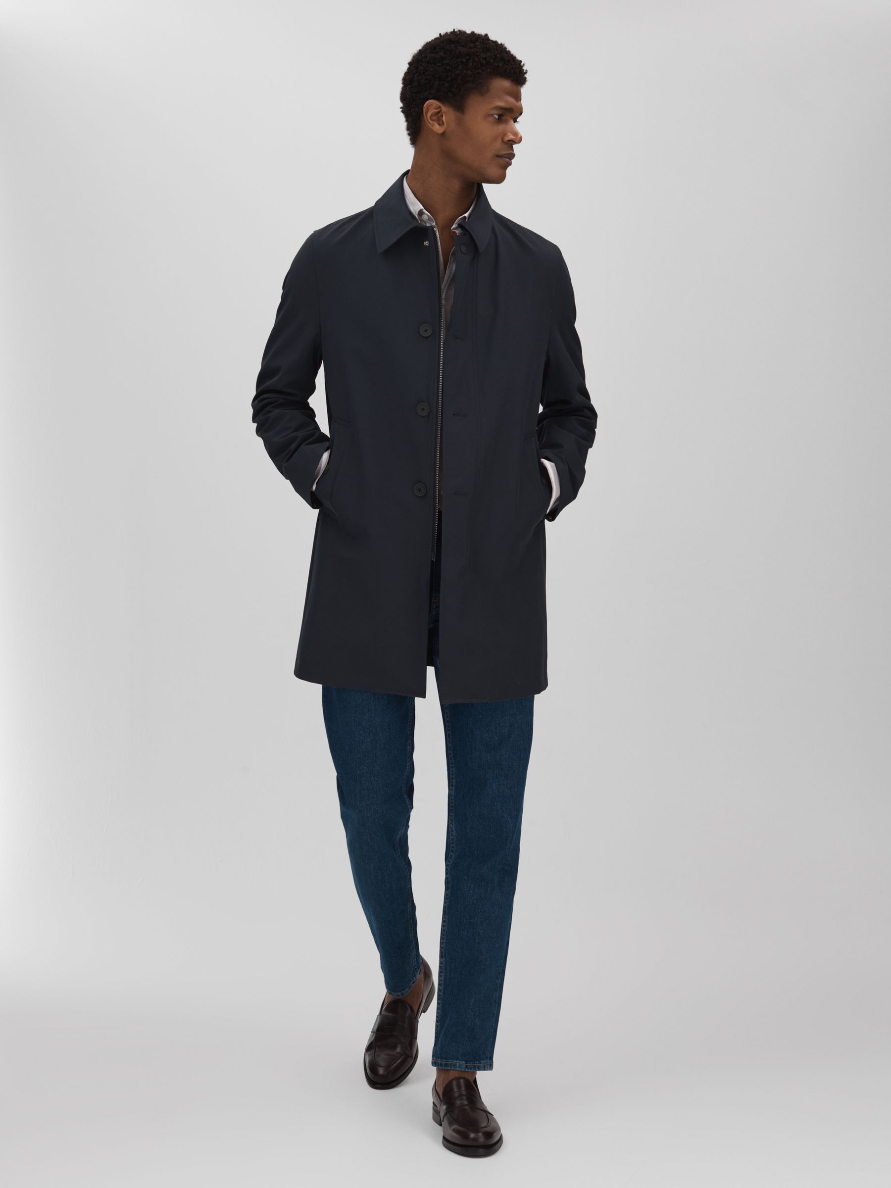 Oscar Jacobson Water-Repellent Single Breasted Car Coat in Navy - Image 3 of 6