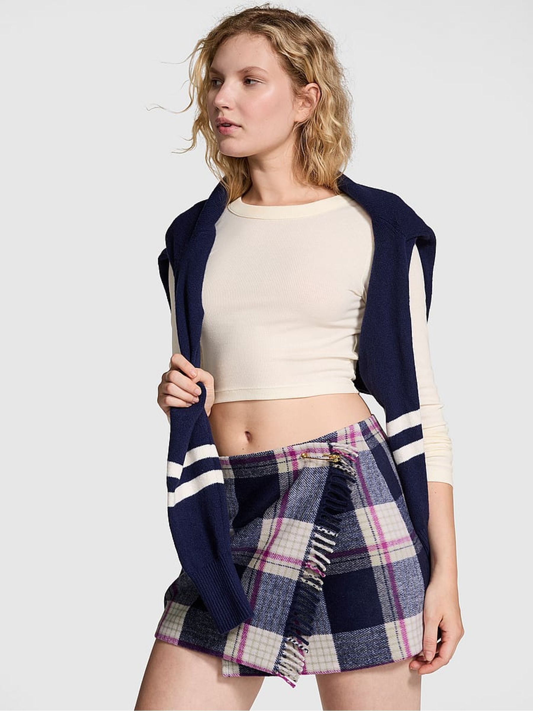 Midnight Navy Blue Tartan Fringe Mini Skirt - Image 1 of 3