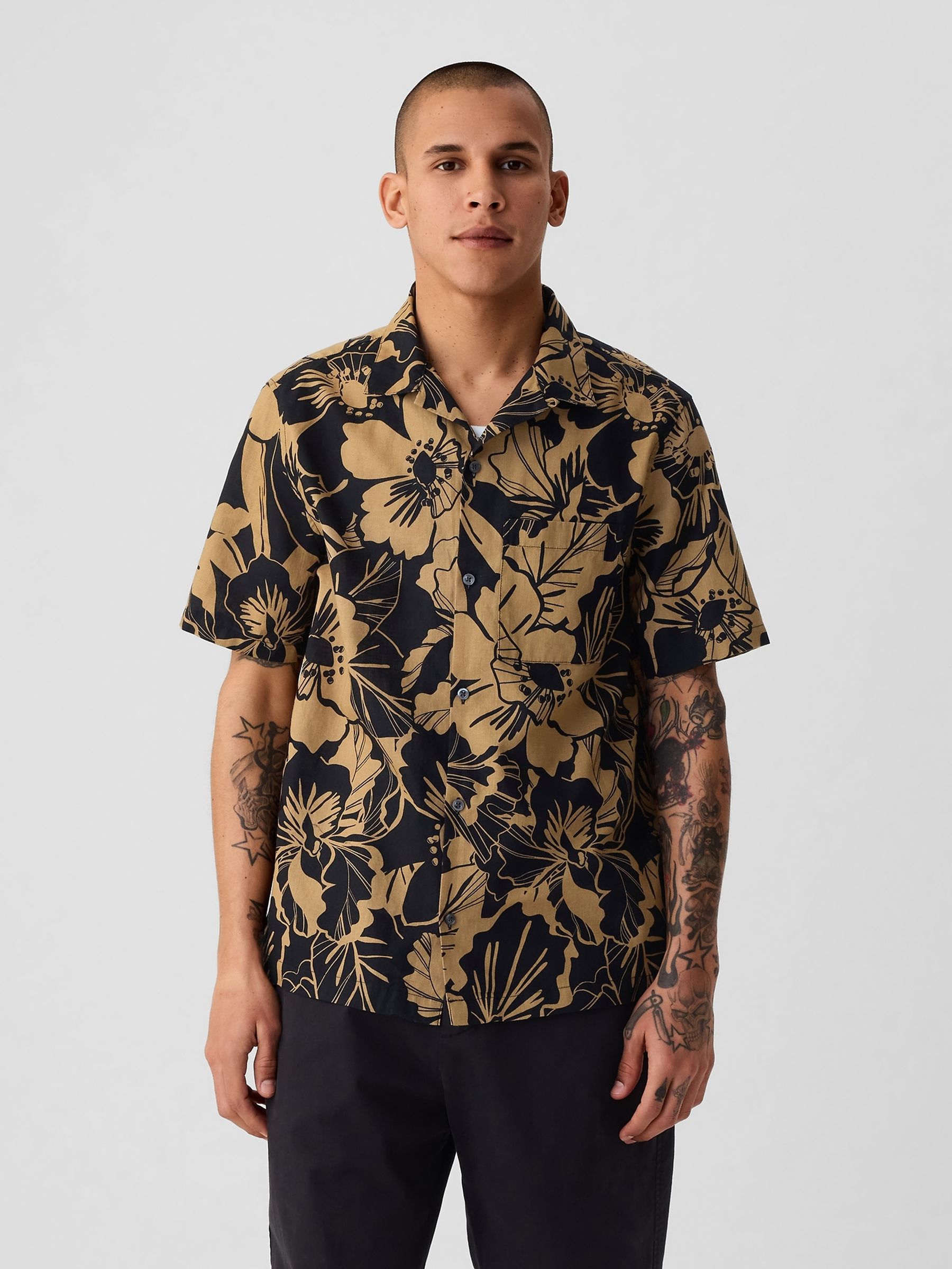 Black Linen-Cotton Short Sleeve Shirt - Image 1 of 5