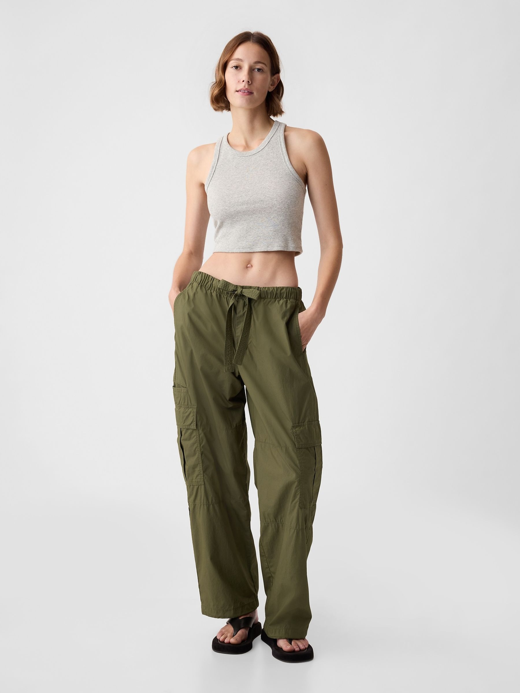 Green Cotton Mid Rise Cargo Parachute Trousers - Image 2 of 5