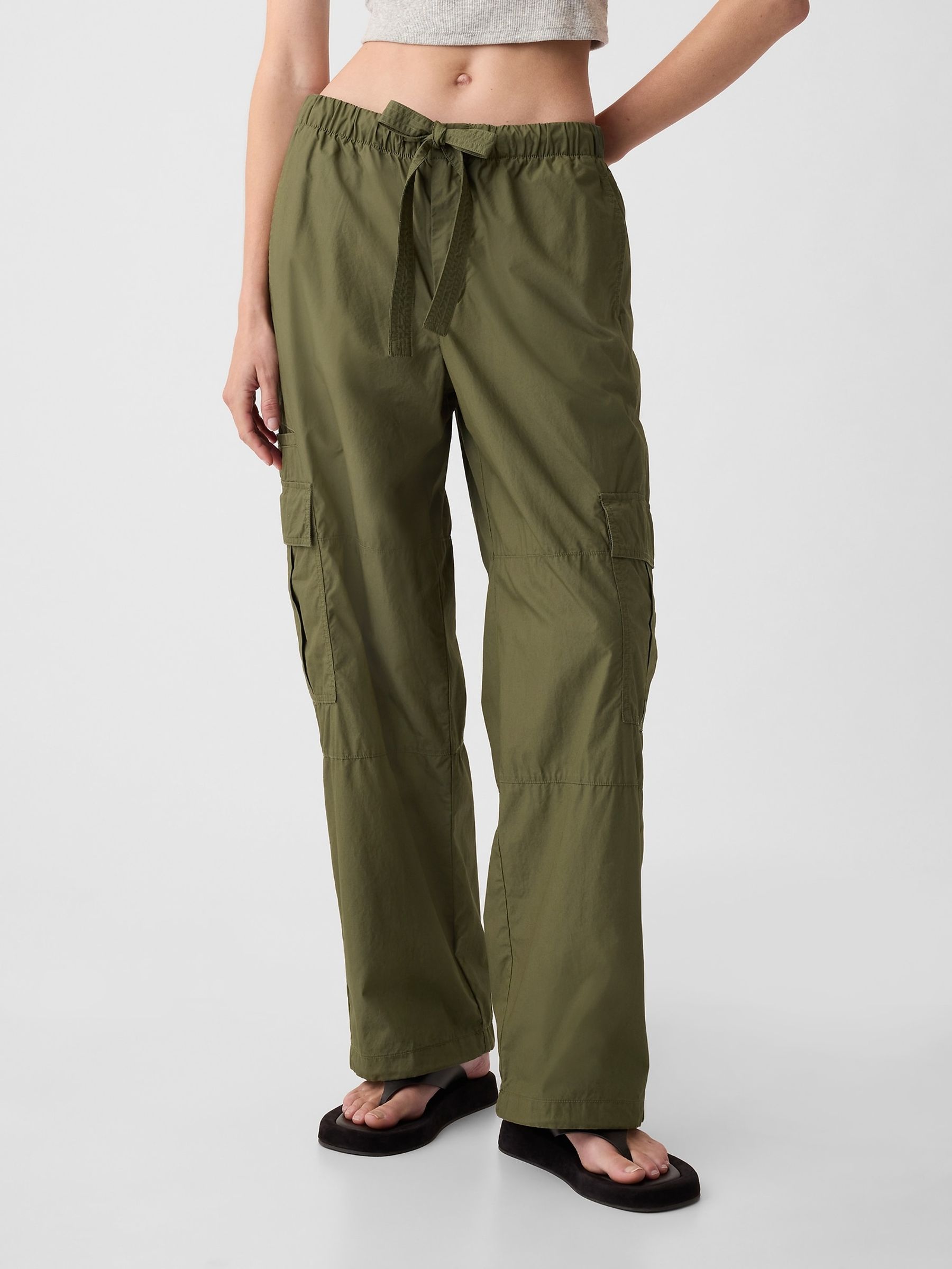 Green Cotton Mid Rise Cargo Parachute Trousers - Image 4 of 5