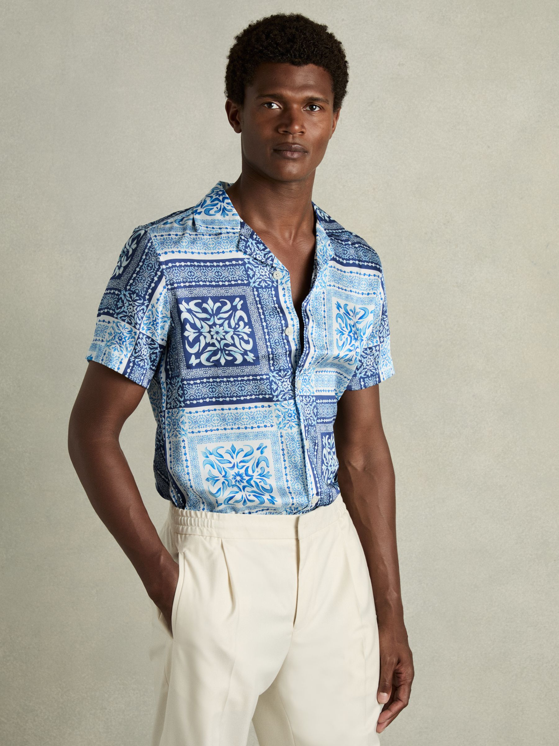 Nico Navy/White Satin Floral Cuban Collar Shirt - Image 1 of 6