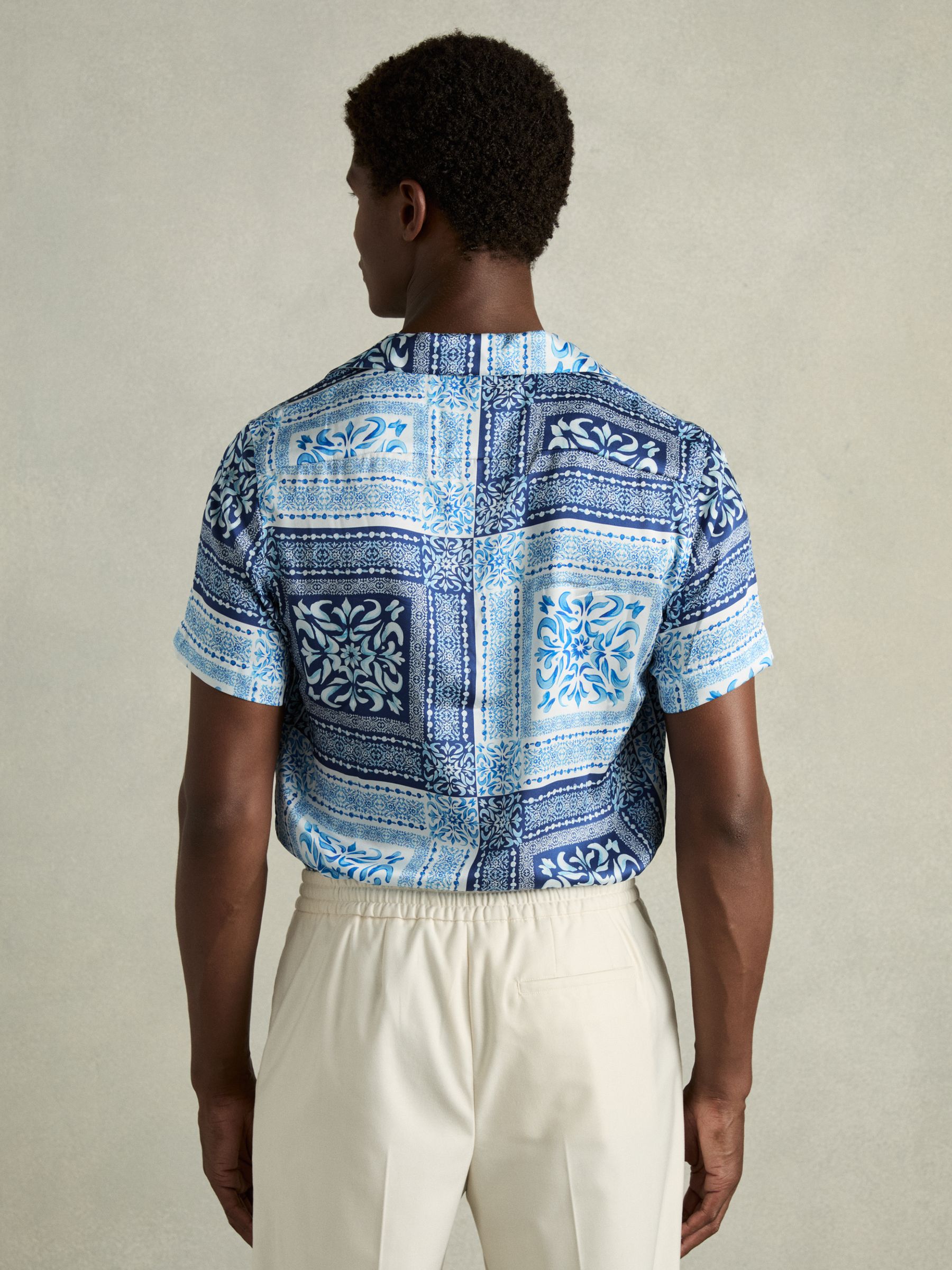 Nico Navy/White Satin Floral Cuban Collar Shirt - Image 5 of 6