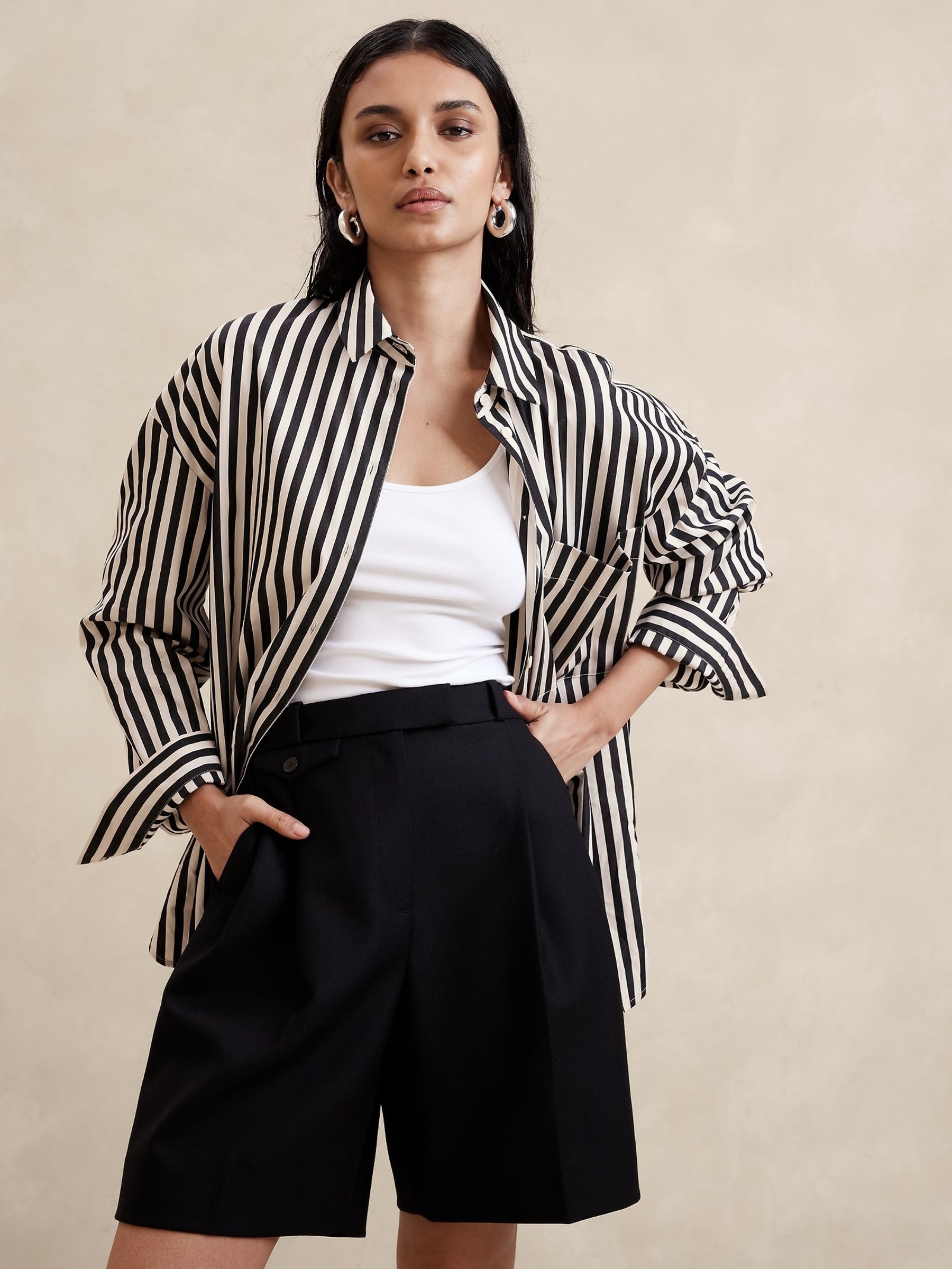 Banana Republic Black/White Stripe The Oversized Shirt - Image 1 of 1