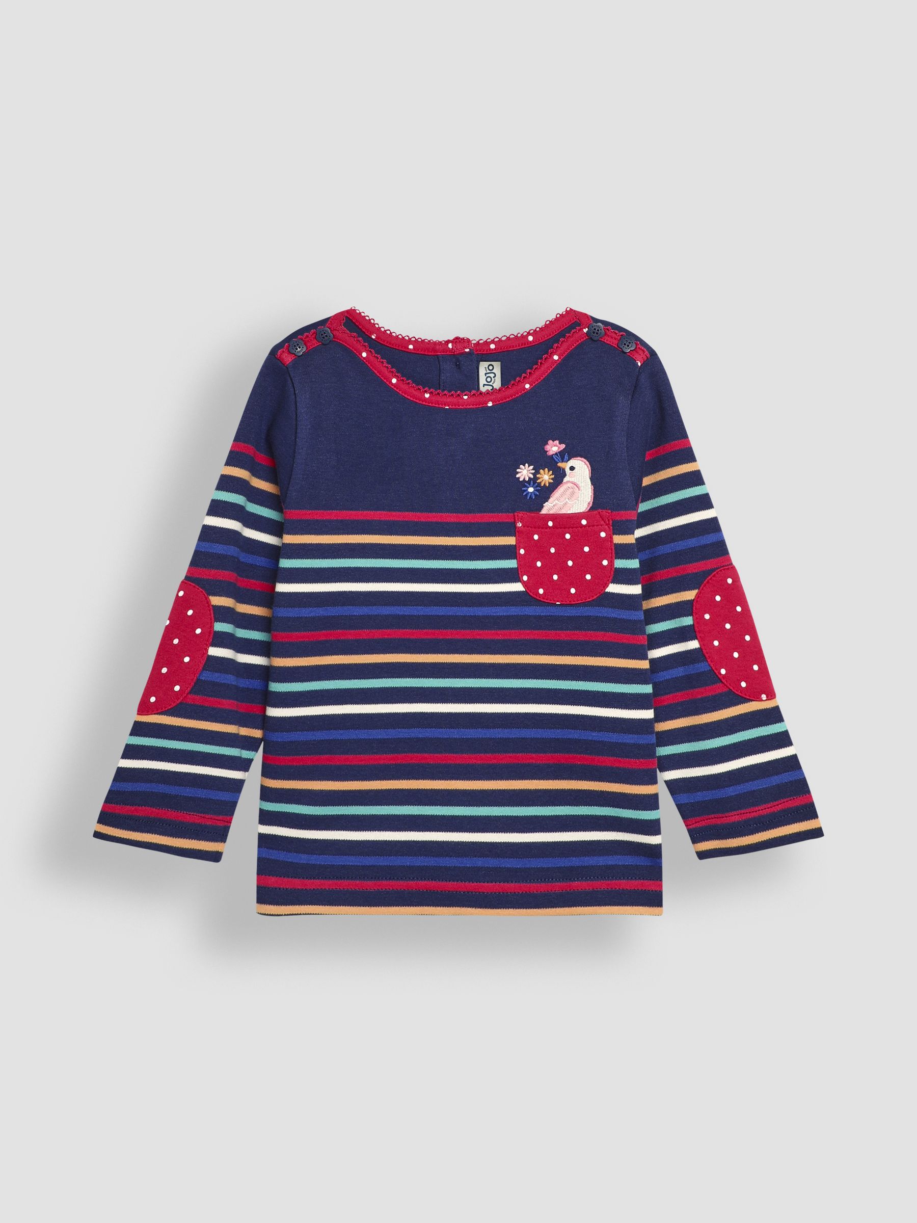 Navy Blue Bird Cotton Long Sleeve Pocket Breton Top - Image 1 of 3