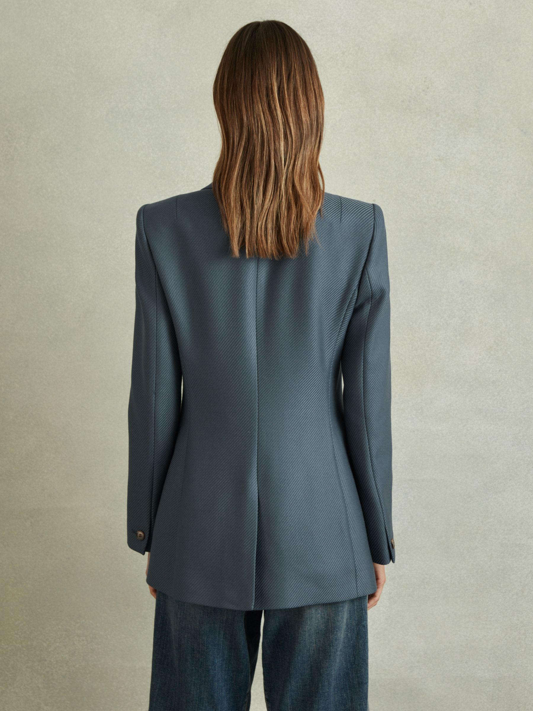 Tailored Wool Blend Double Breasted Twill Blazer in Blue - Image 5 of 6