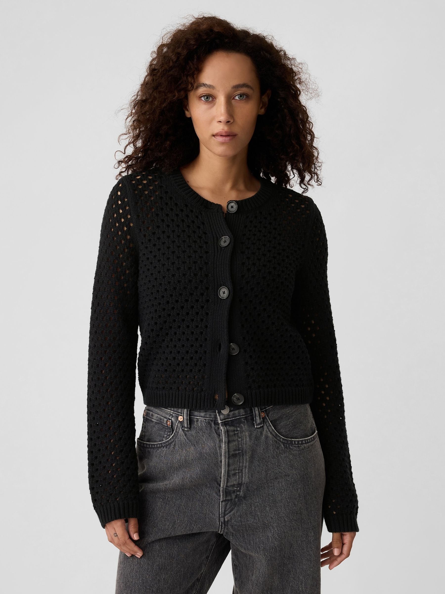 Black Knitted Open Stitch Cardigan - Image 1 of 5