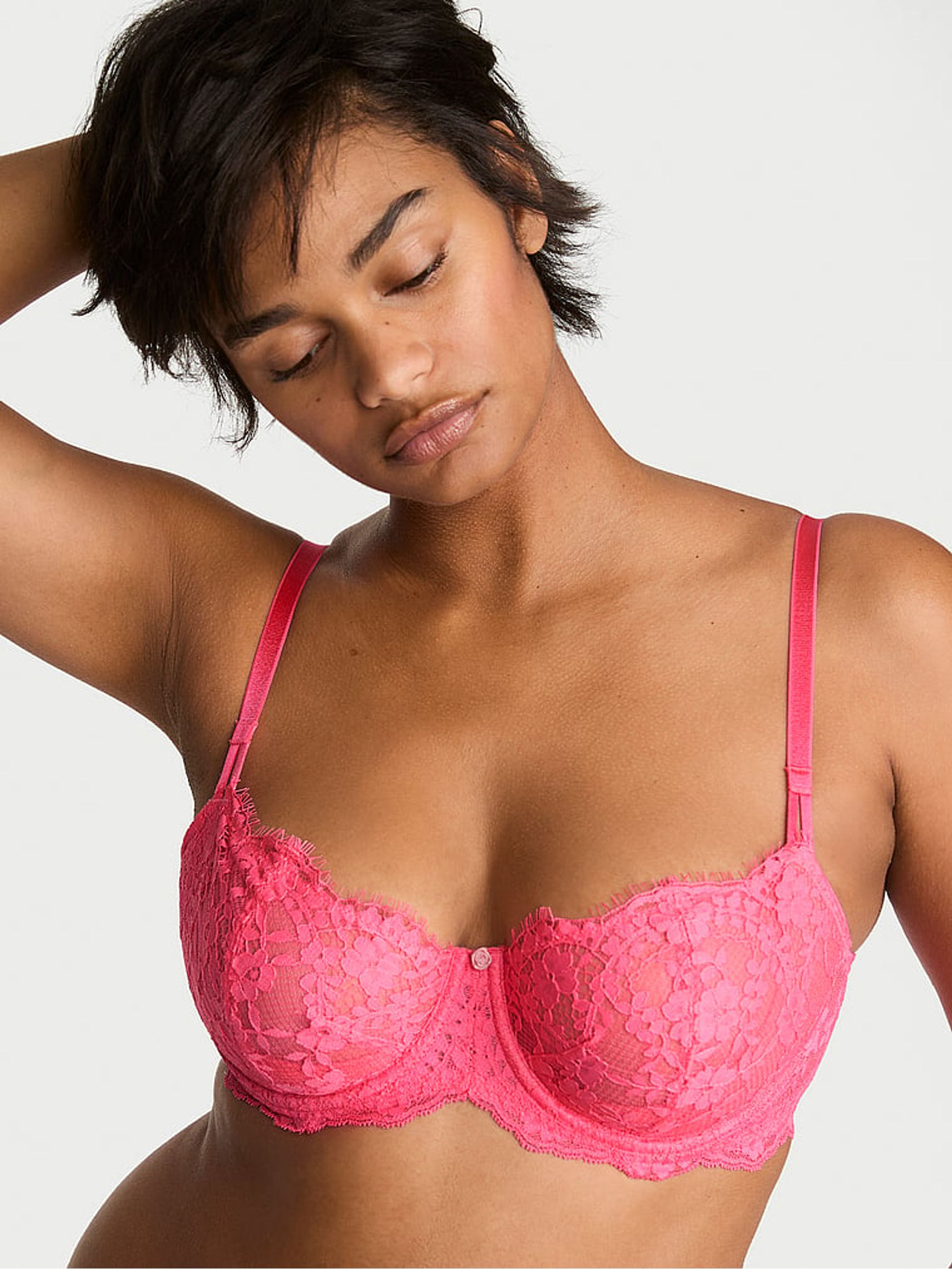Bombshell Pink Unlined Balcony Lace Bra - Image 1 of 3 Bombshell Pink Unlined Balcony Lace Bra - Image 1 of 3