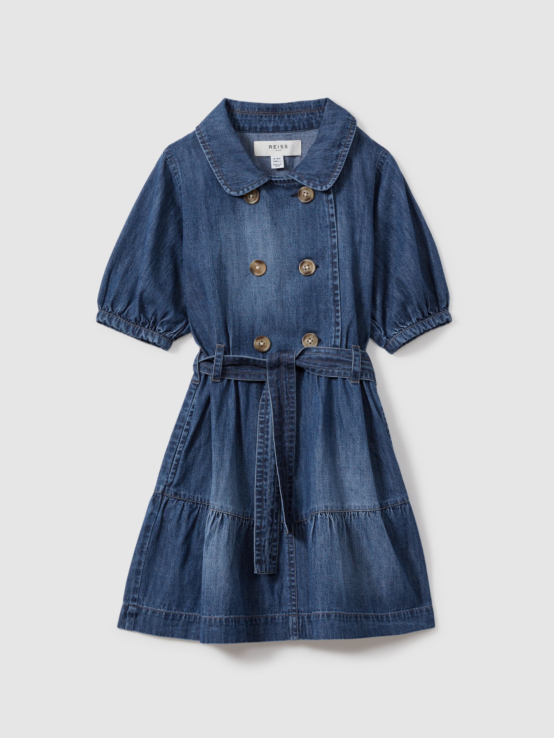 13-14 yrs Denim Puff Sleeve Belted Dress in Blue - Image 1 of 4