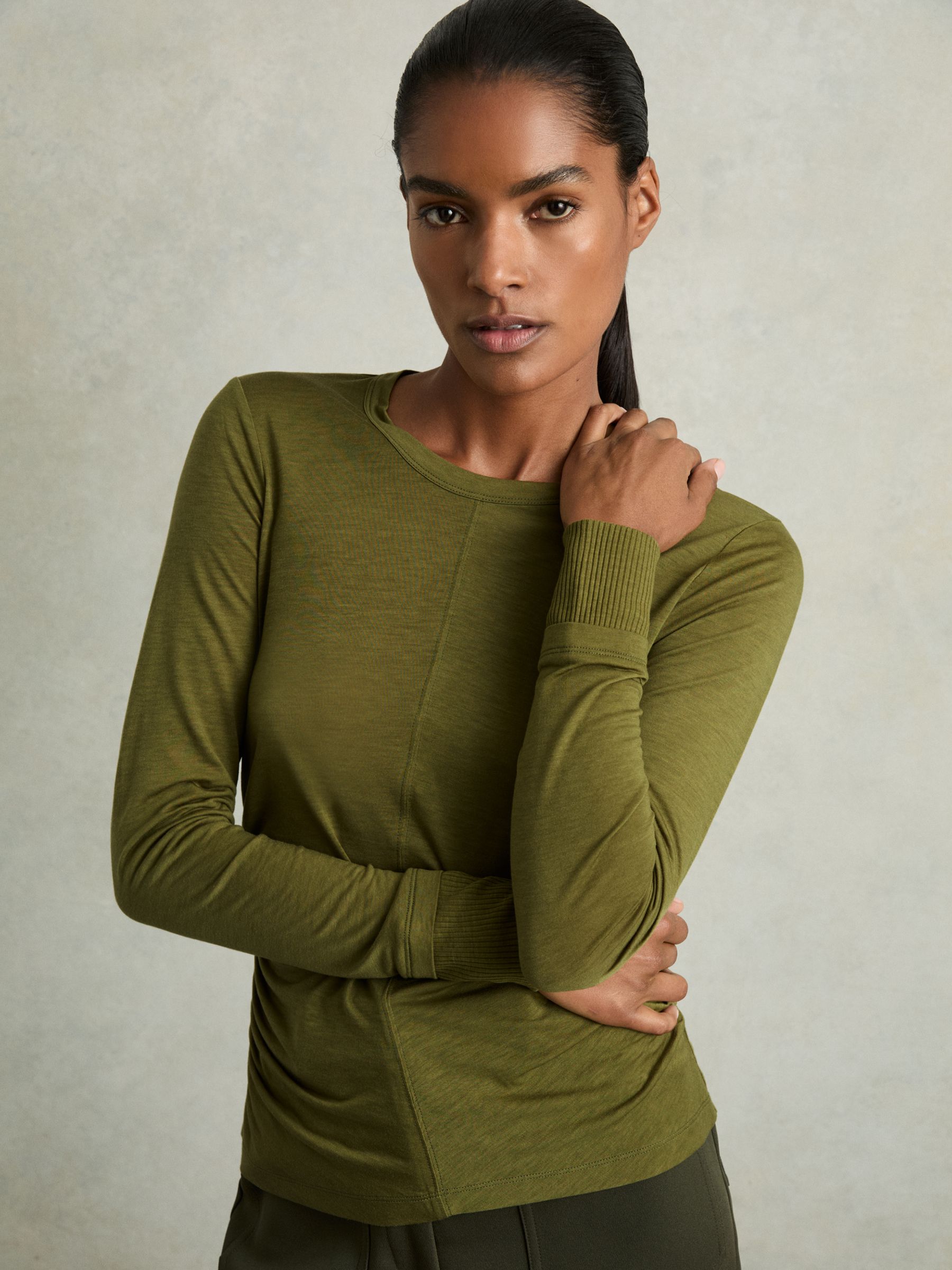 Ruched Side Crew-Neck Top in Green - Image 1 of 7