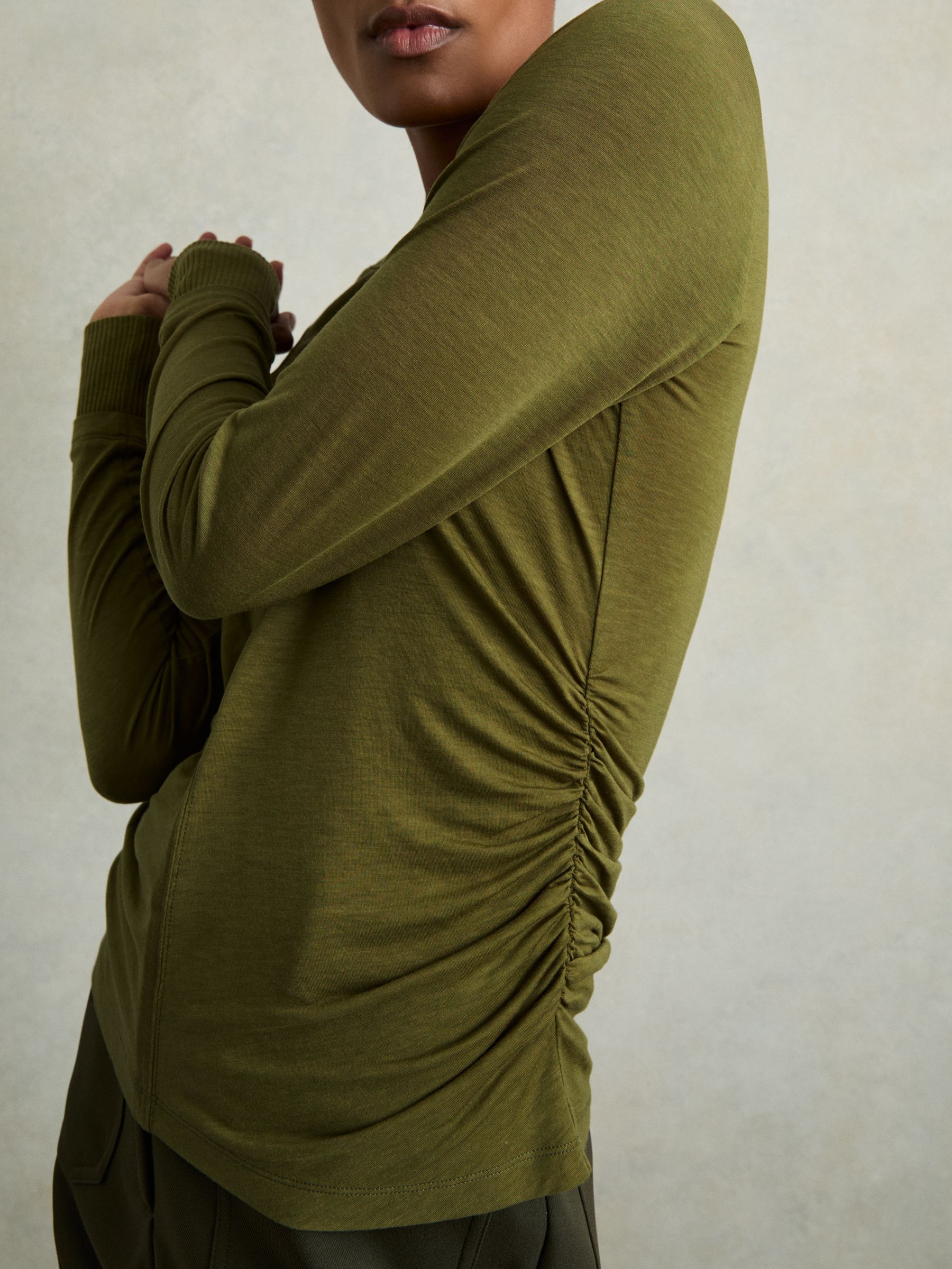 Ruched Side Crew-Neck Top in Green - Image 4 of 7