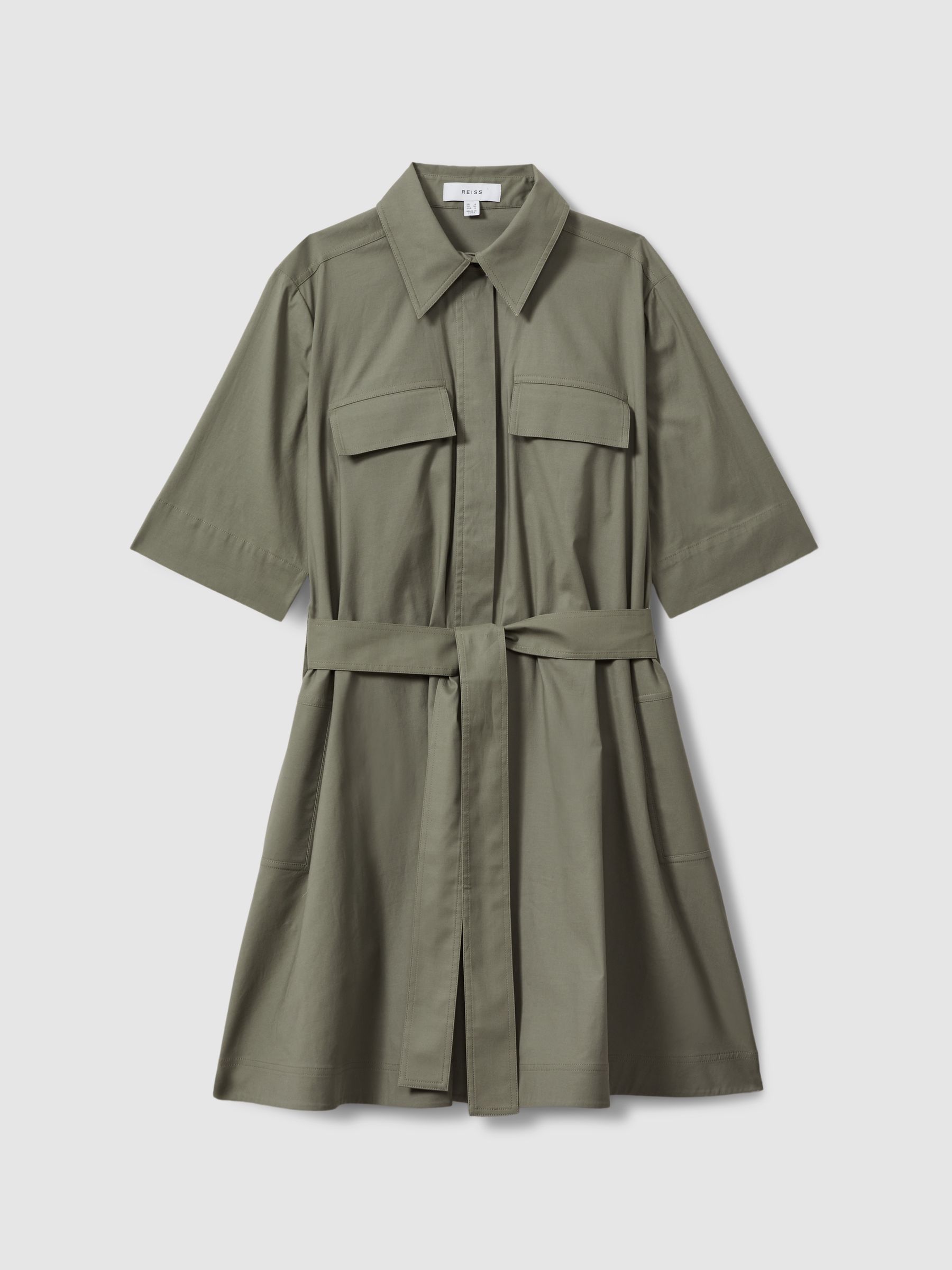 Pleated Belted Mini Dress in Khaki - Image 2 of 5
