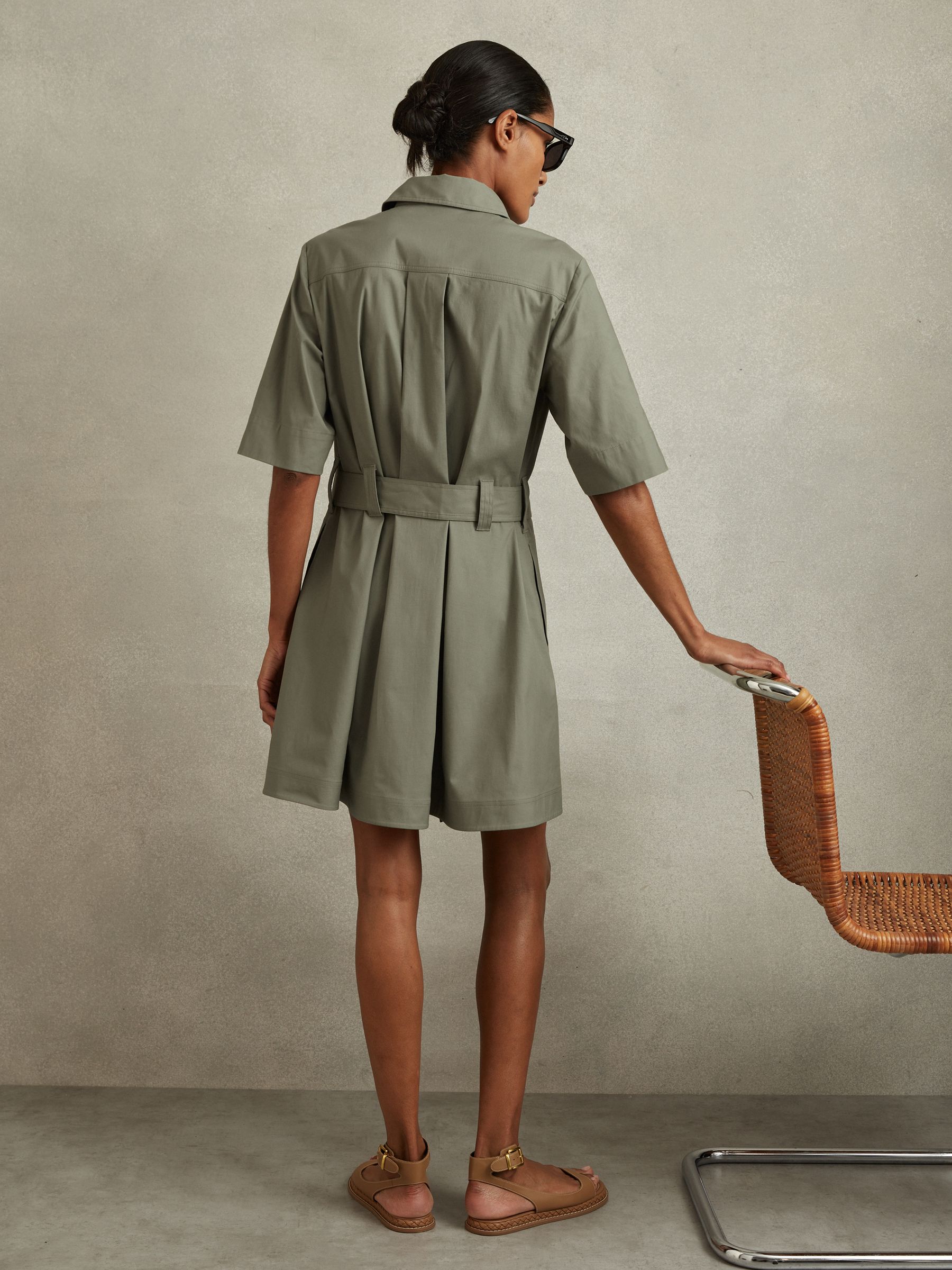 Pleated Belted Mini Dress in Khaki - Image 4 of 5