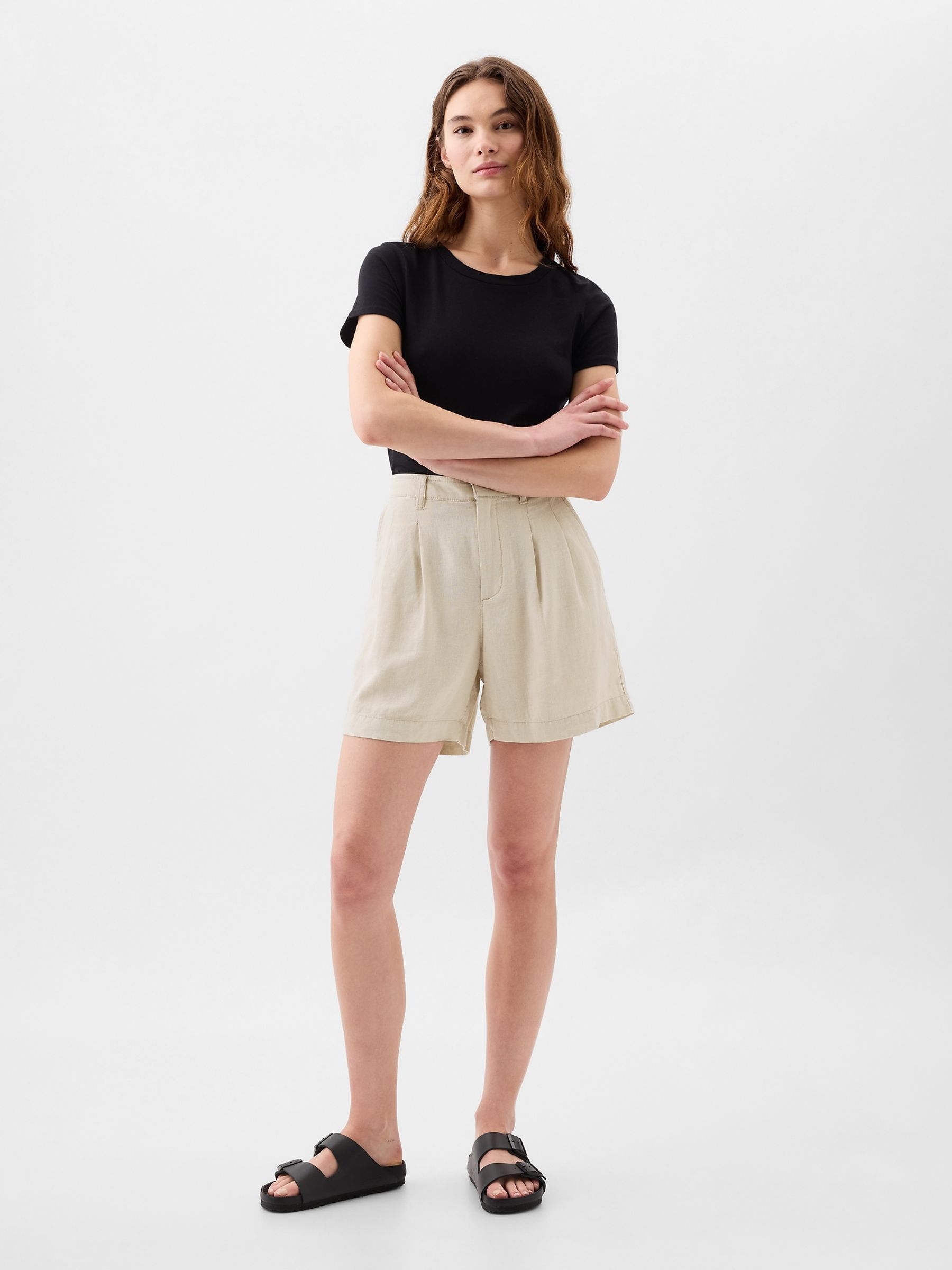 Cream 5" High Rise Linen Blend Pleated Shorts - Image 1 of 3