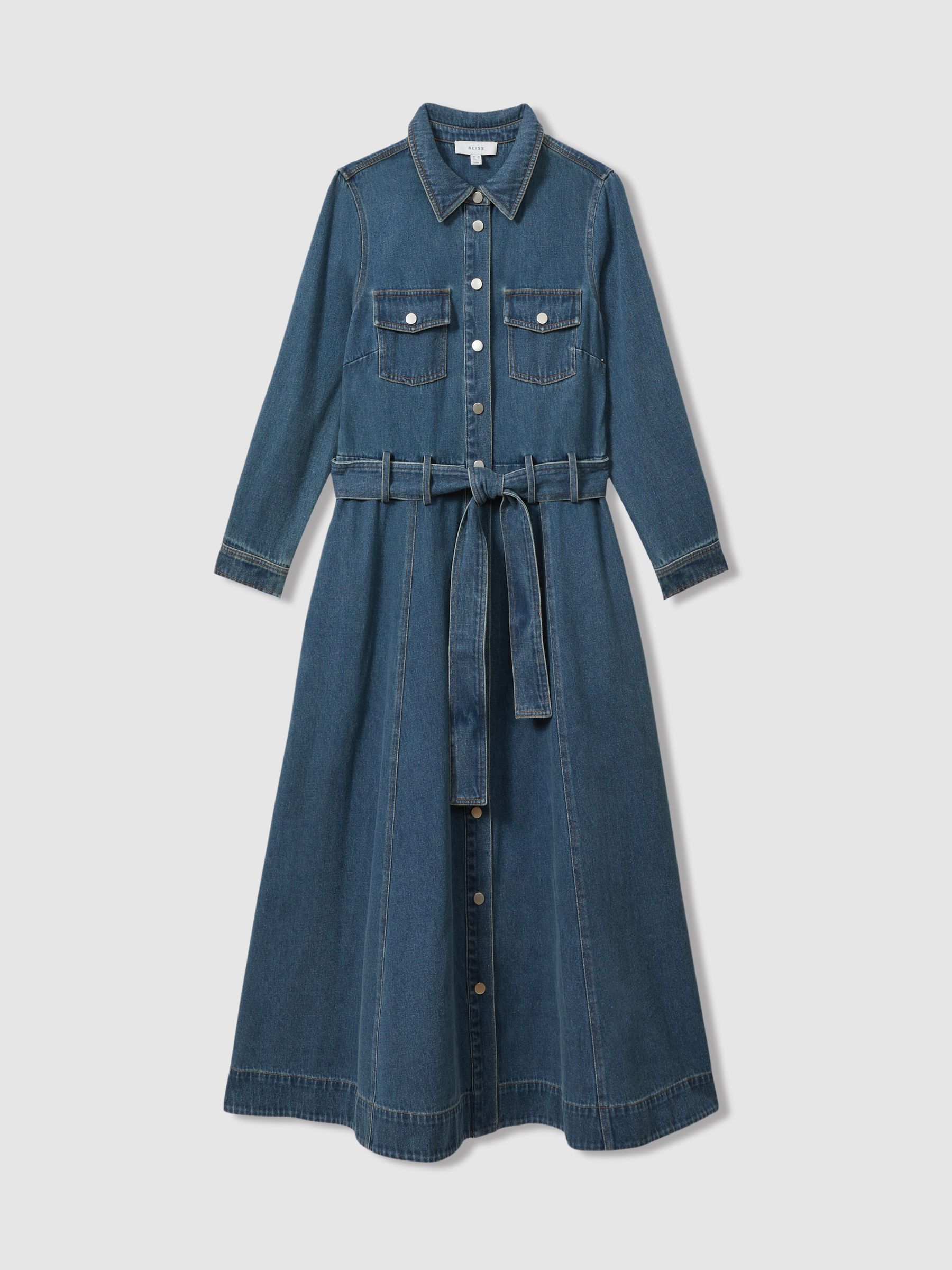 Belted Denim Midi Dress in Indigo - Image 2 of 6