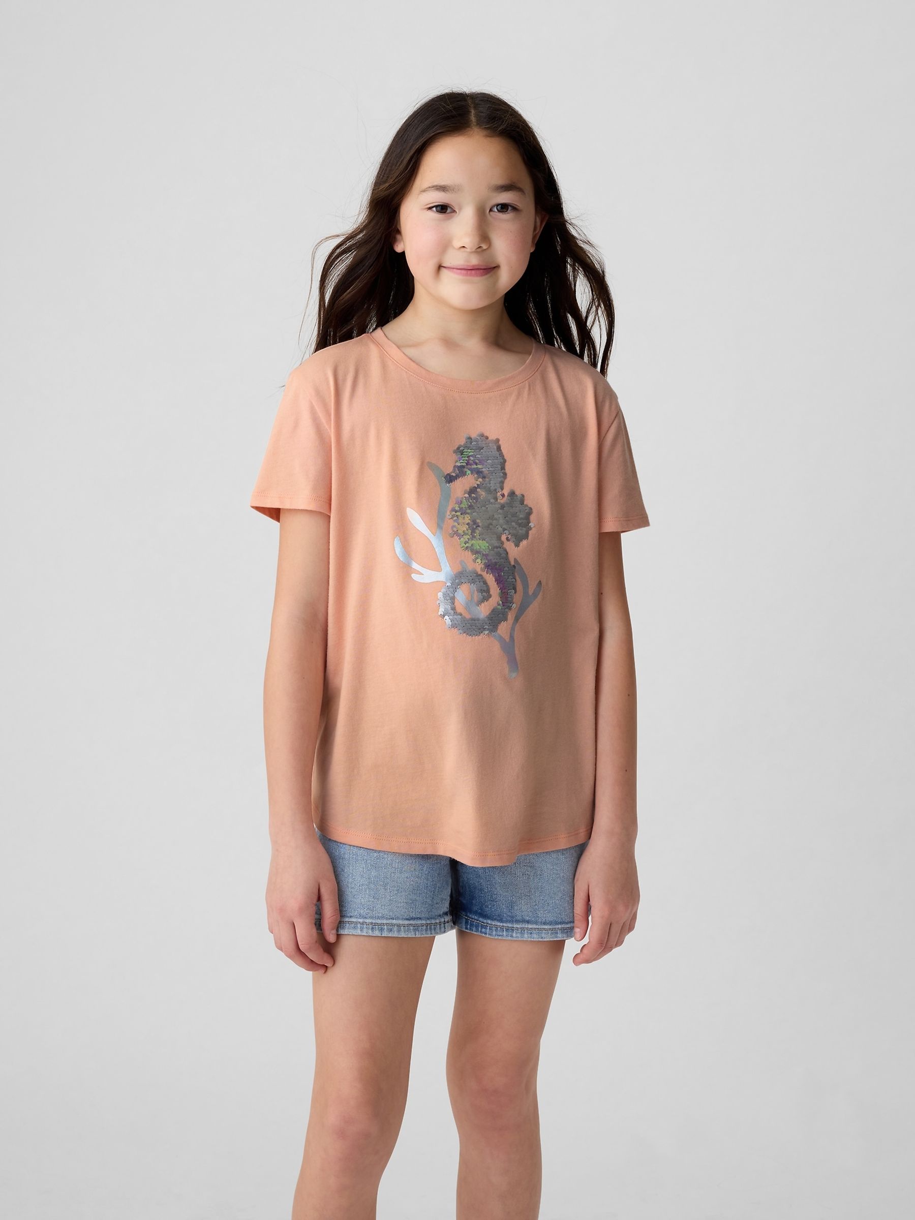 Orange Seahorse Cotton Flippy Sequin Graphic Short Sleeve T-Shirt (4-13yrs) - Image 1 of 4