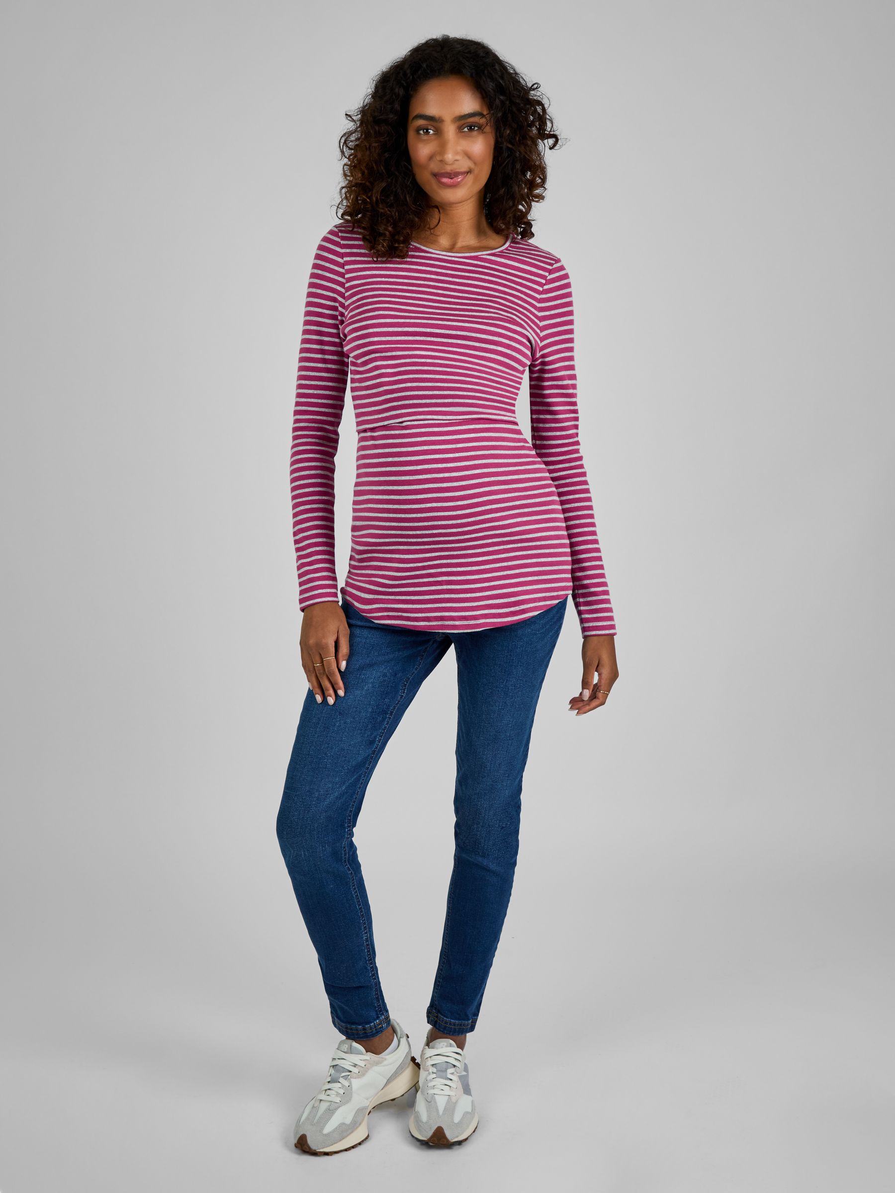 Pink & Grey Stripe Ribbed Jersey Maternity & Nursing Top - Image 2 of 4