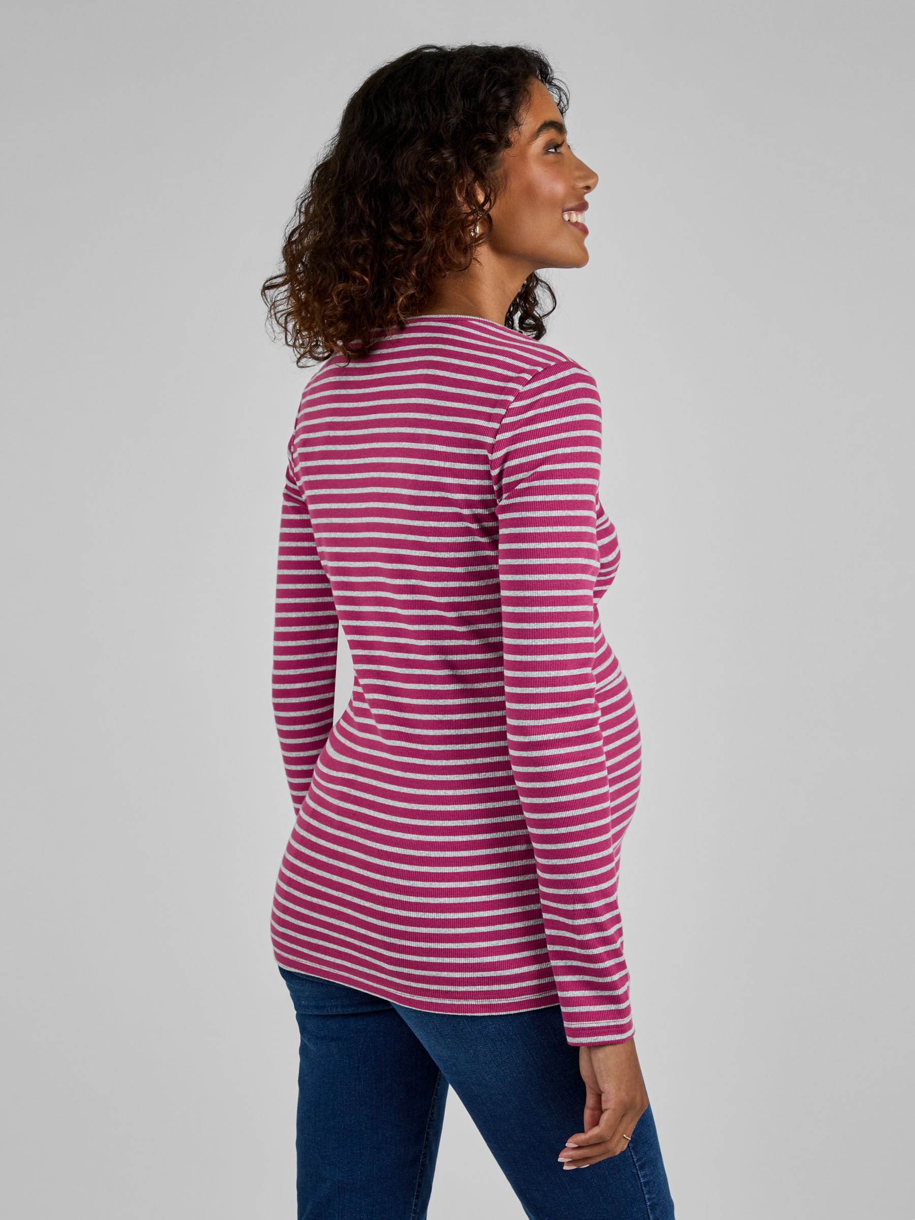Pink & Grey Stripe Ribbed Jersey Maternity & Nursing Top - Image 3 of 4