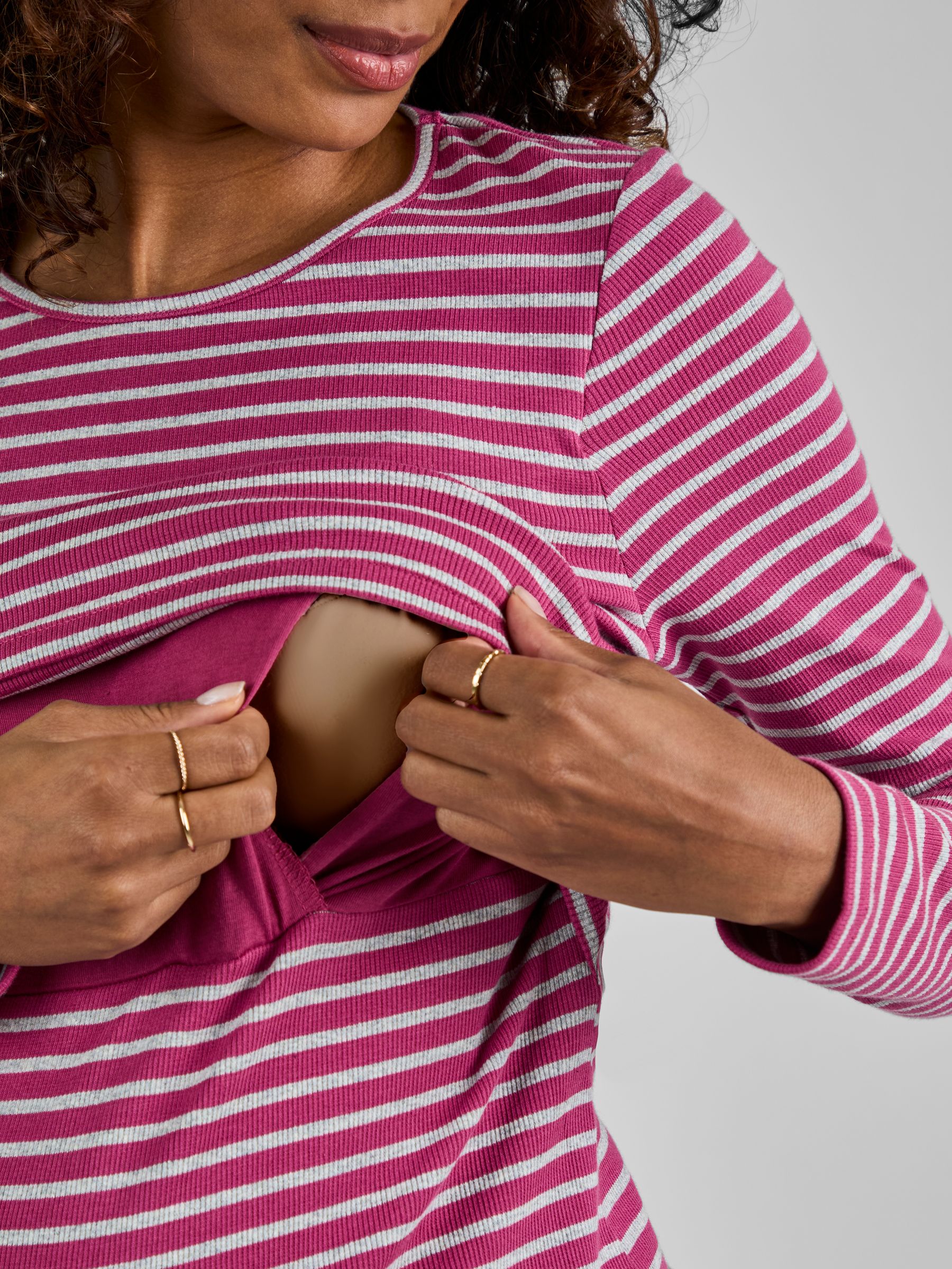 Pink & Grey Stripe Ribbed Jersey Maternity & Nursing Top - Image 4 of 4