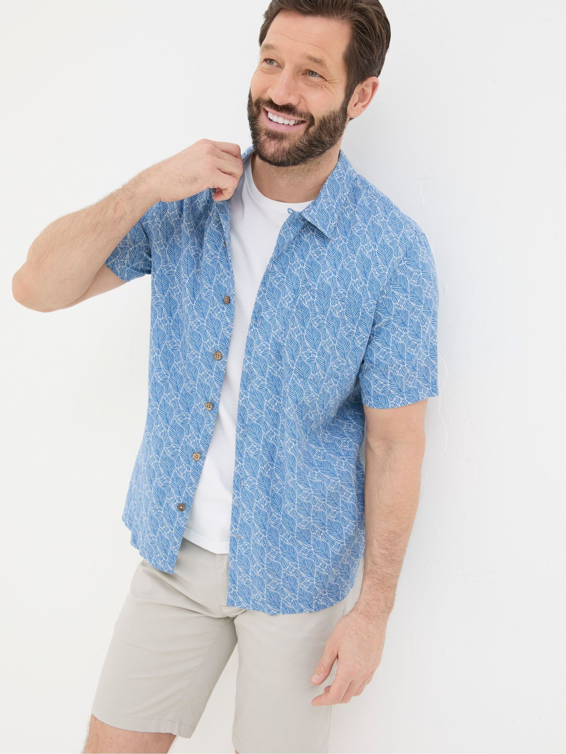 Dempsey Blue Leaf Print Linen Blend Shirt - Image 1 of 4