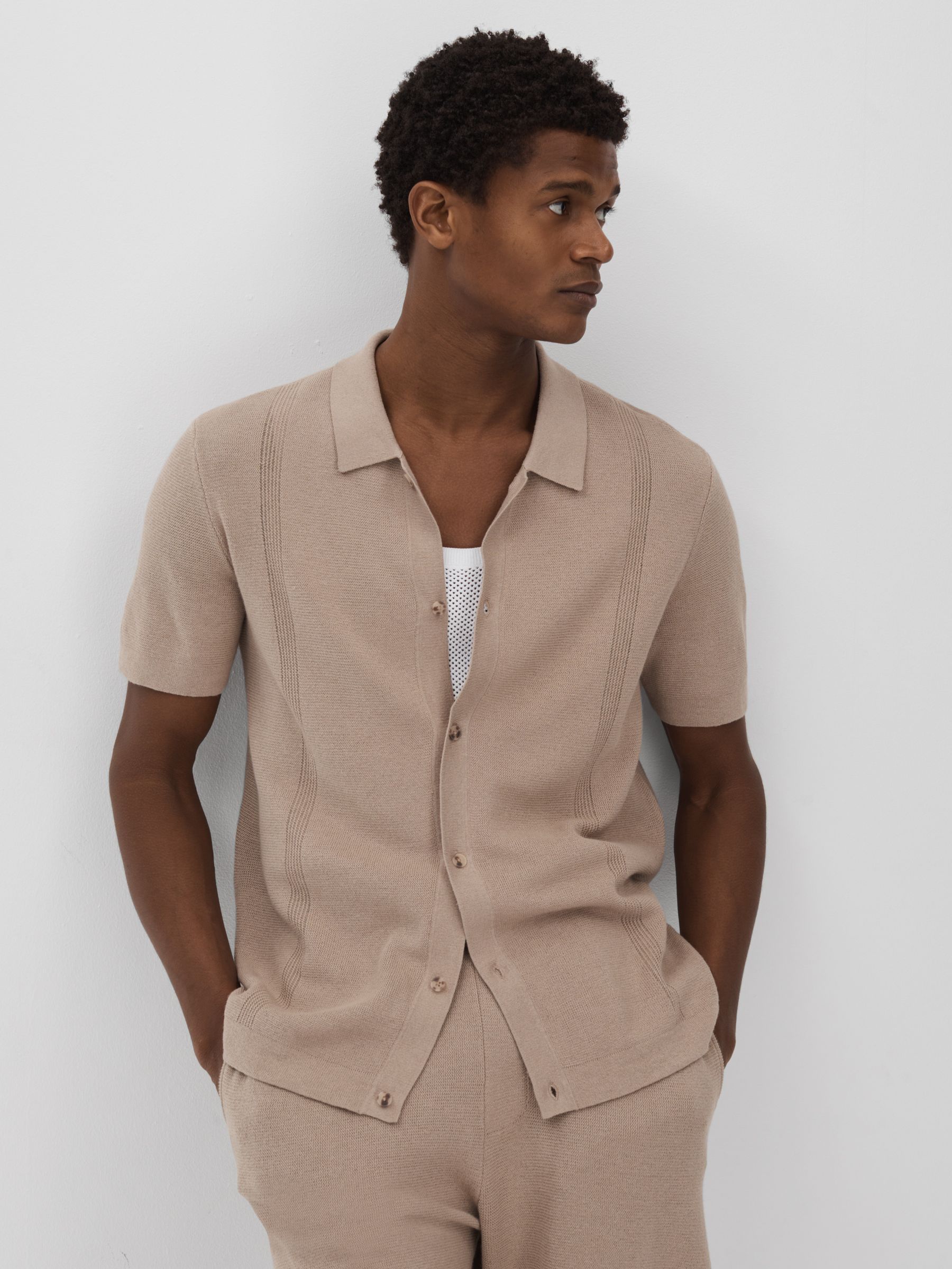 Paige Cotton-Linen Knitted Shirt in Mocha - Image 1 of 5