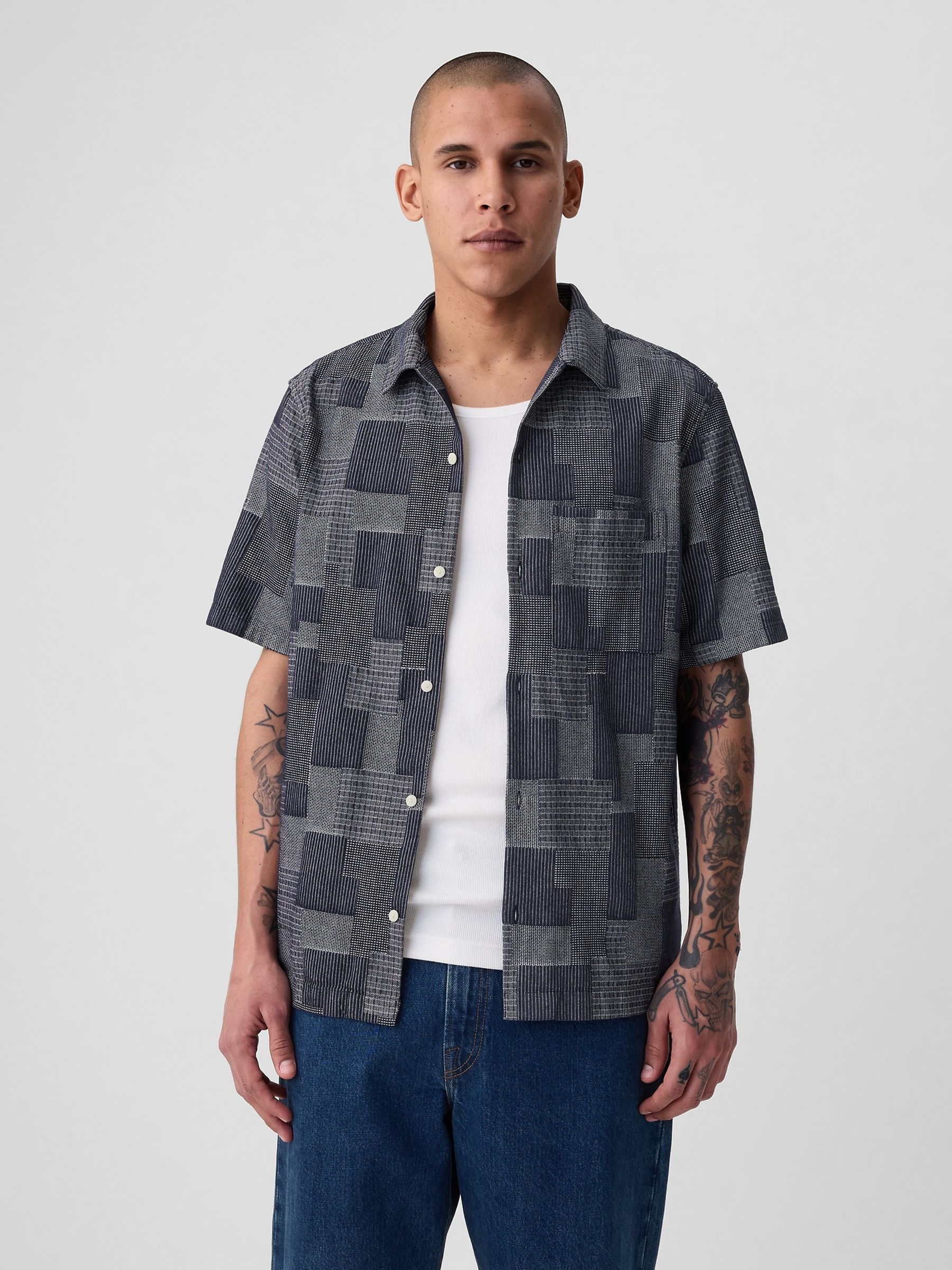 Blue Cotton Patchwork Short Sleeve Resort Shirt - Image 1 of 4
