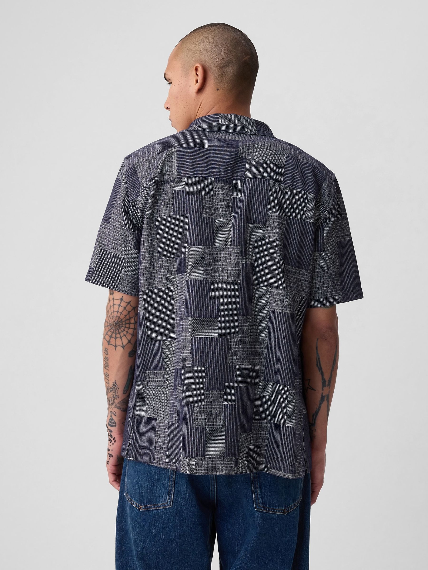 Blue Cotton Patchwork Short Sleeve Resort Shirt - Image 2 of 4
