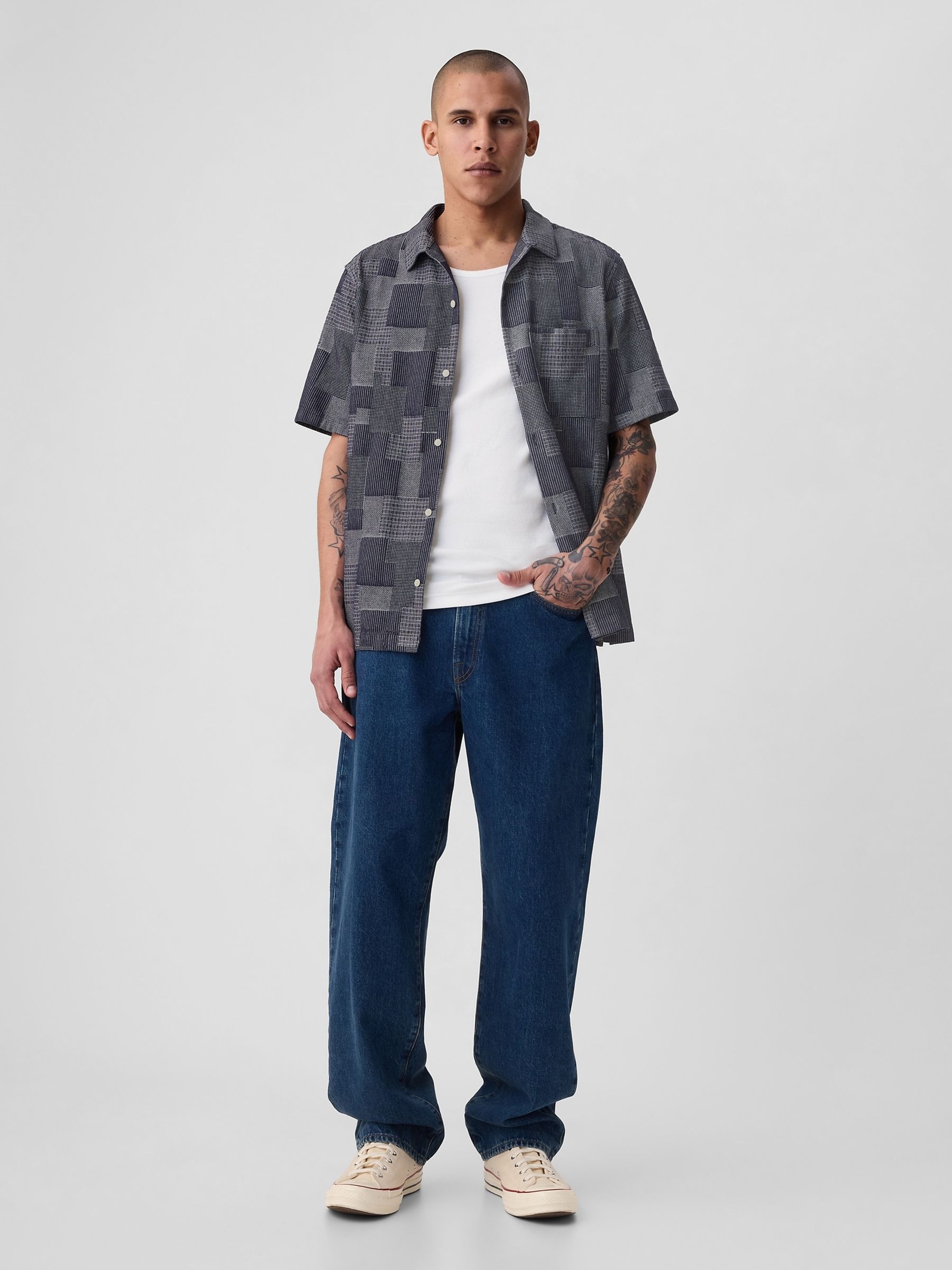 Blue Cotton Patchwork Short Sleeve Resort Shirt - Image 3 of 4