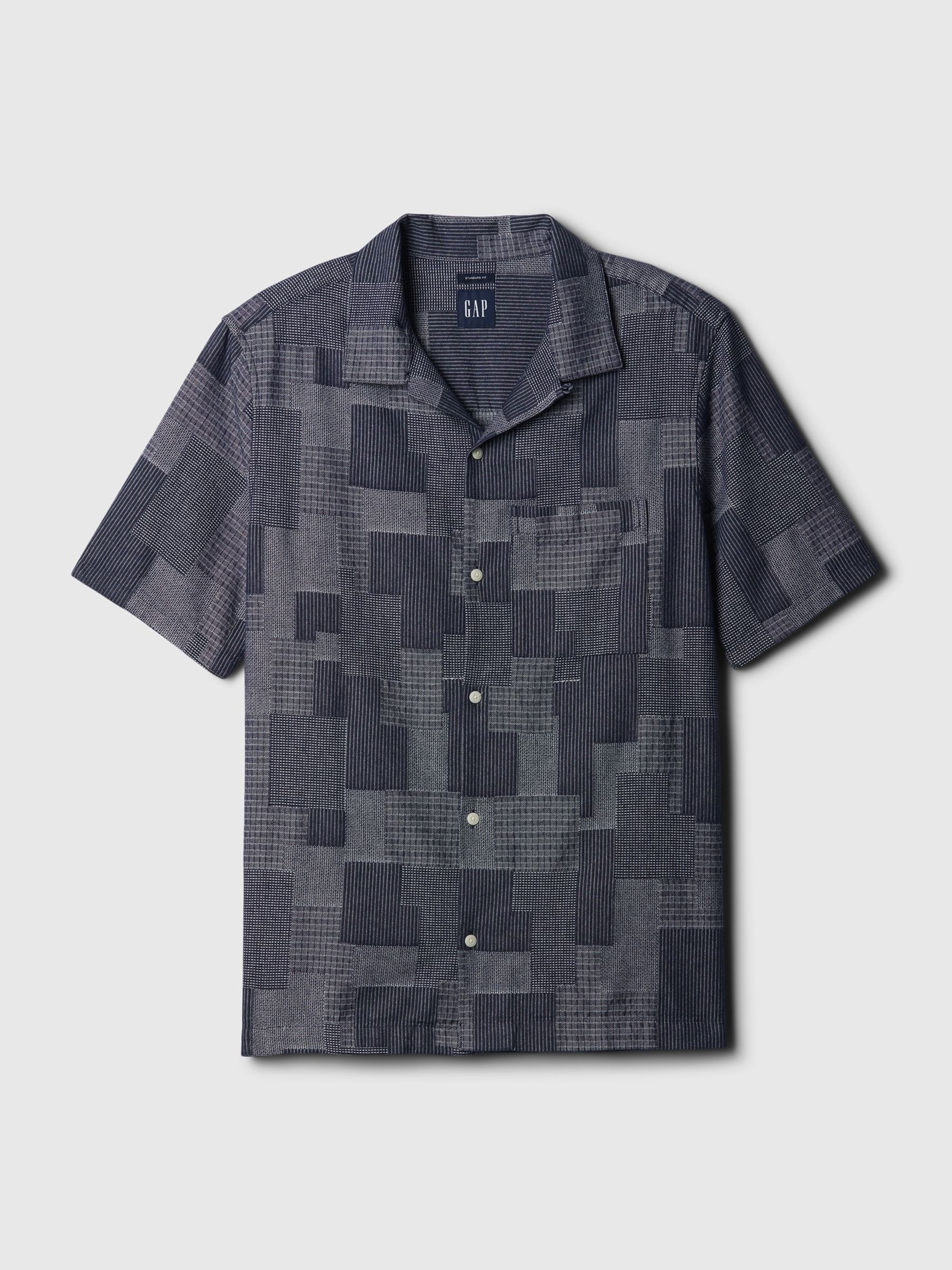 Blue Cotton Patchwork Short Sleeve Resort Shirt - Image 4 of 4